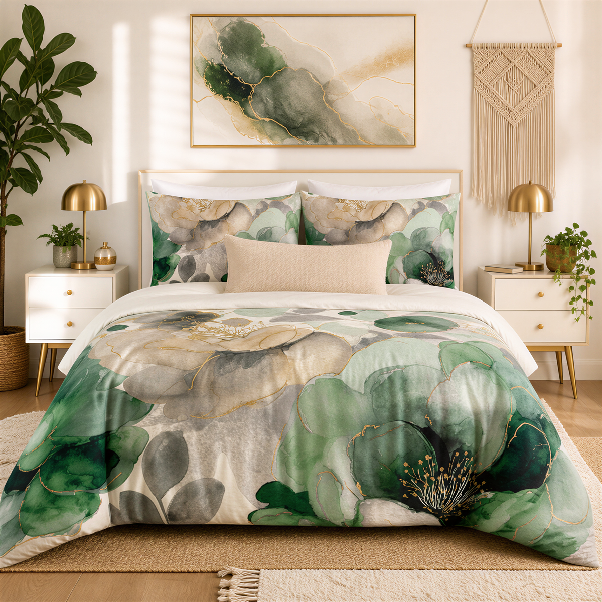 a well-decorated bedroom with a large bed featuring a floral print comforter and pillows. The room has a modern and stylish design, with a large painting hanging above the bed and a potted plant on the left side. The overall color scheme of the room is predominantly white and green, creating a serene and inviting atmosphere.