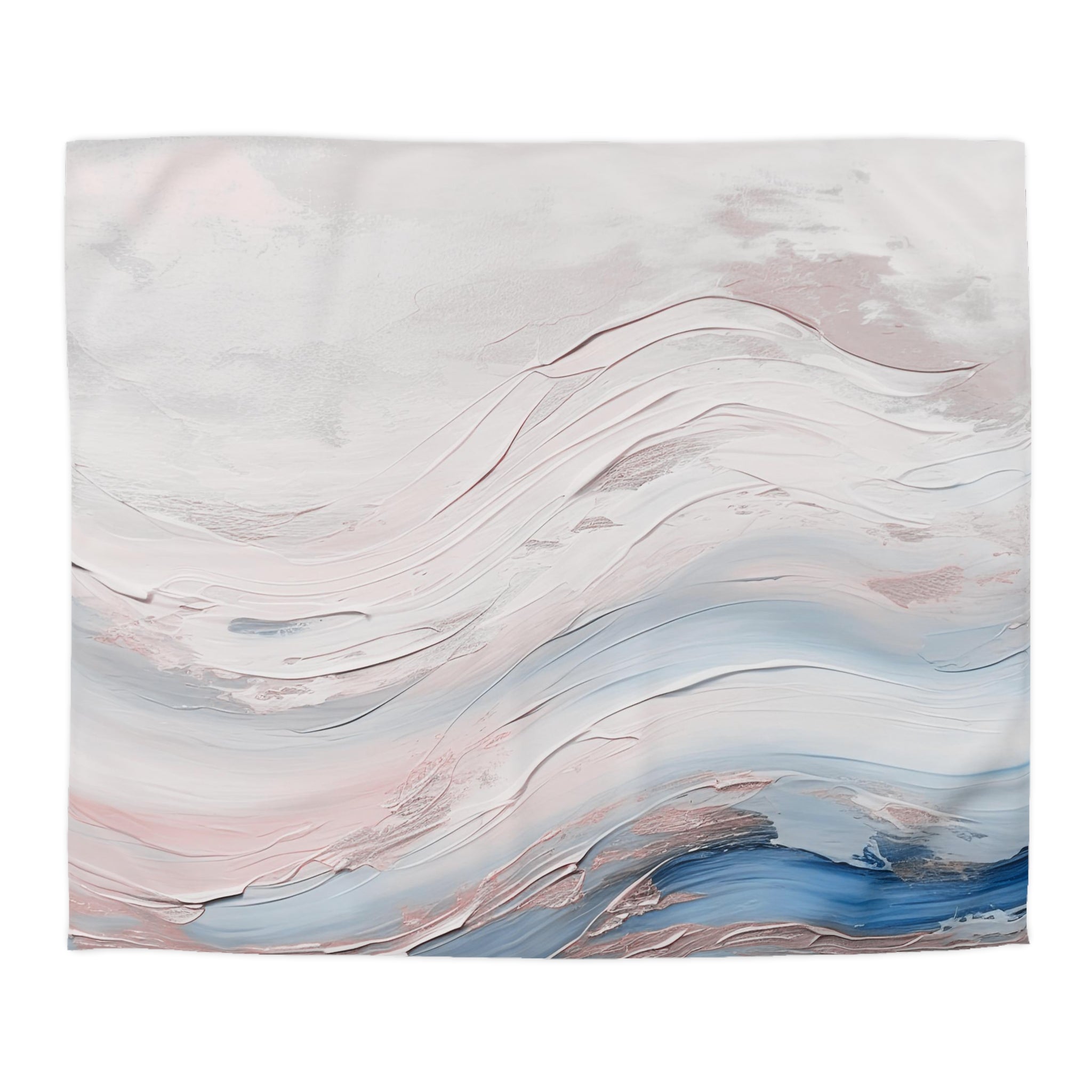 The image is an abstract painting with a gradient of colors, including shades of blue, pink, and white. The painting features a wavy pattern and a sense of movement and fluidity.