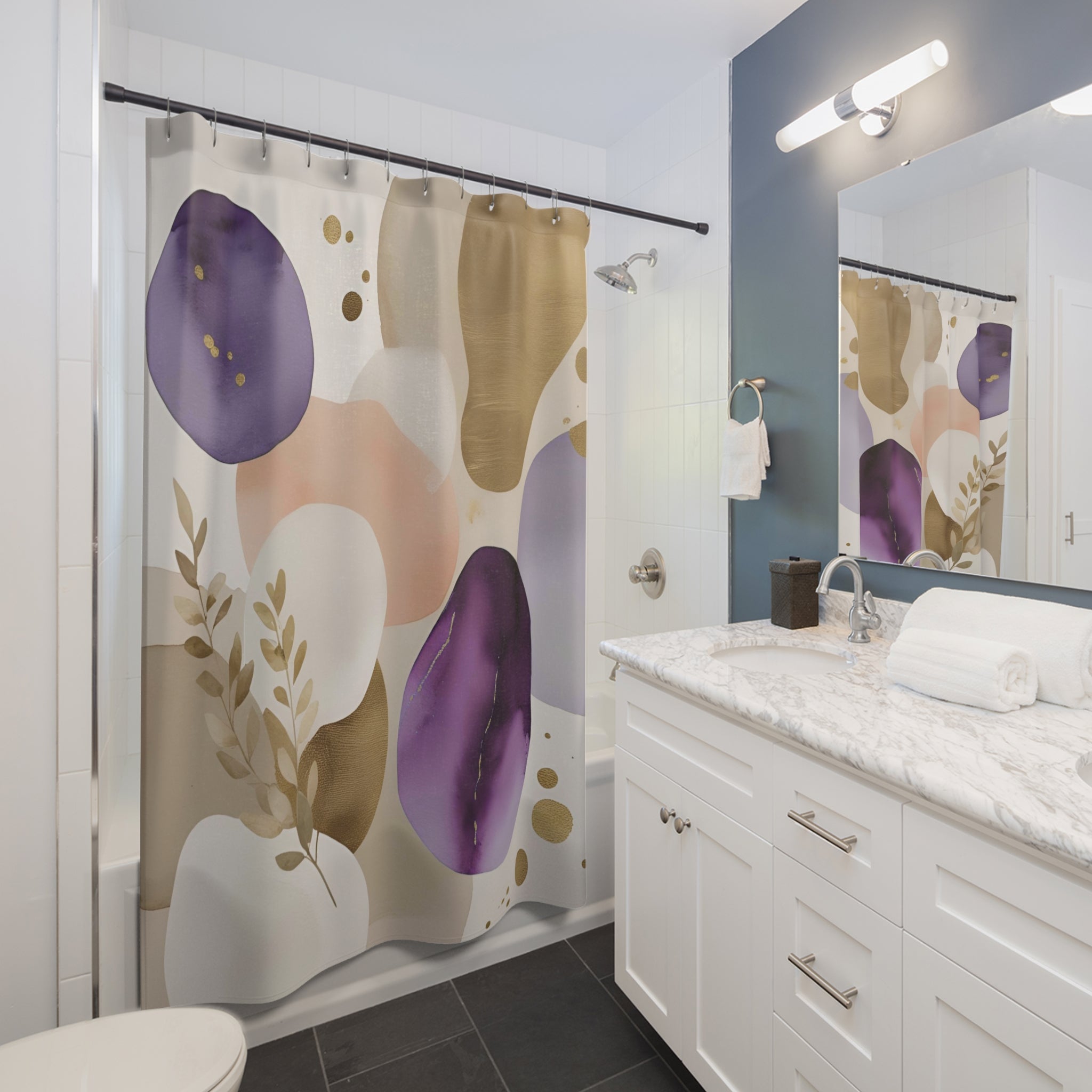 Abstract Shower Curtain | Lavender Purple Blush White, Beige Leaves