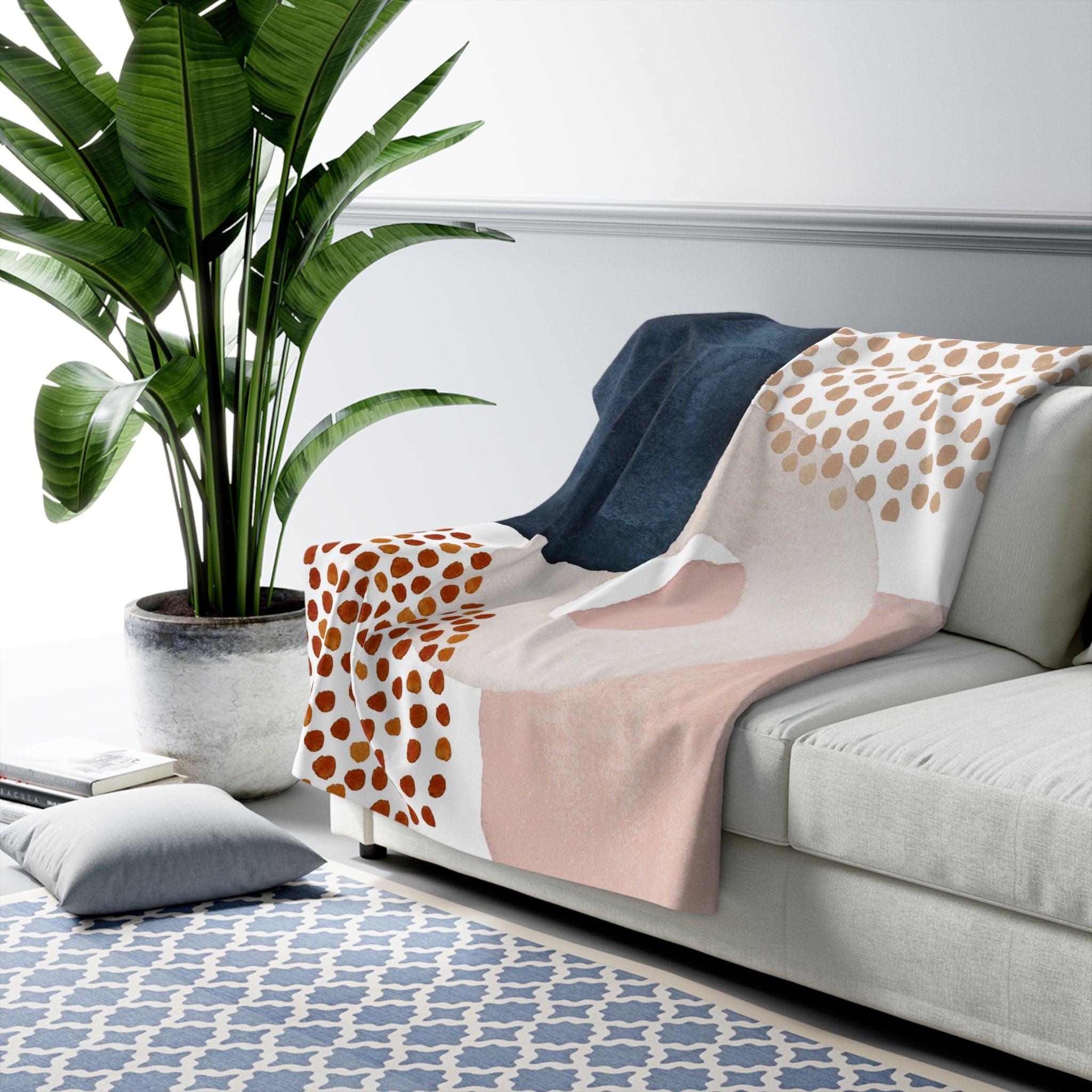 Abstract Throw Blanket | Navy Blue, Rust Red, Blush Pink Modern Art