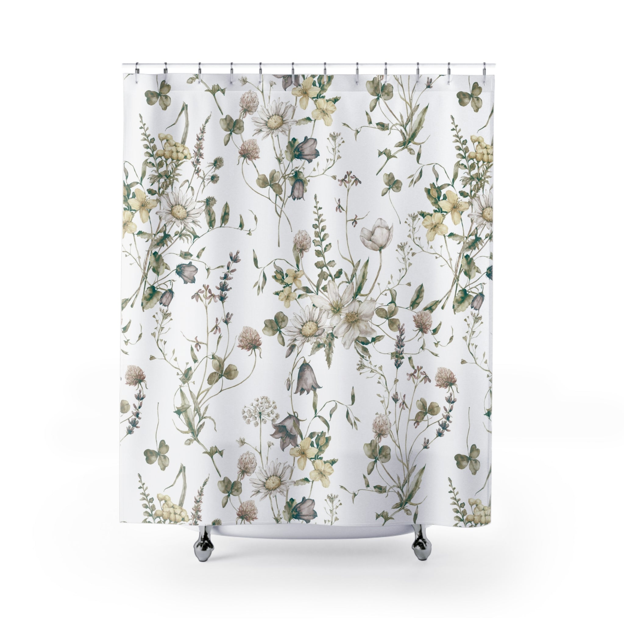 Teal and Beige Wildflower Shower Curtain | Vintage Botanical Bathroom Decor