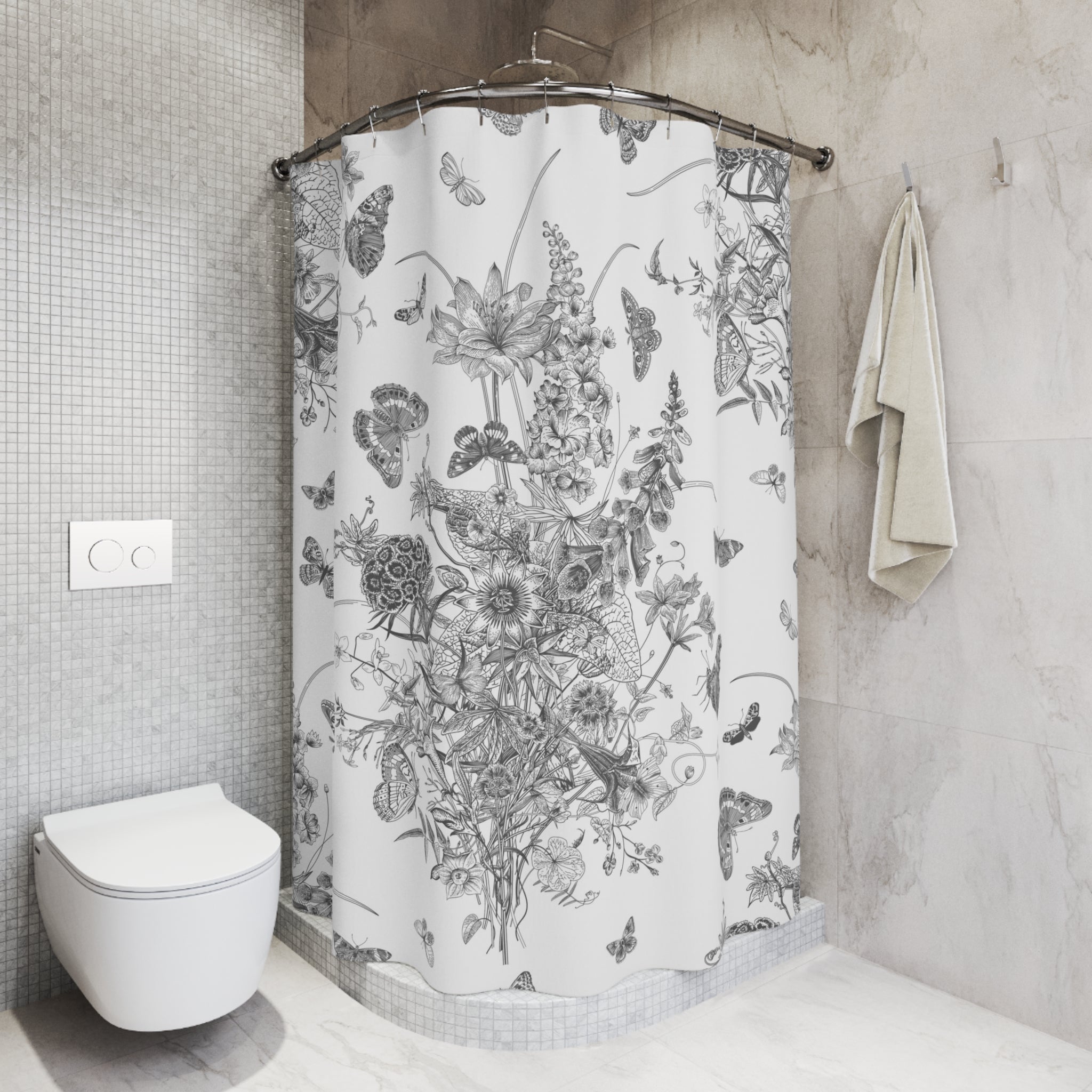 Vintage Shower Curtain | Black Grey White Chinoiserie Floral