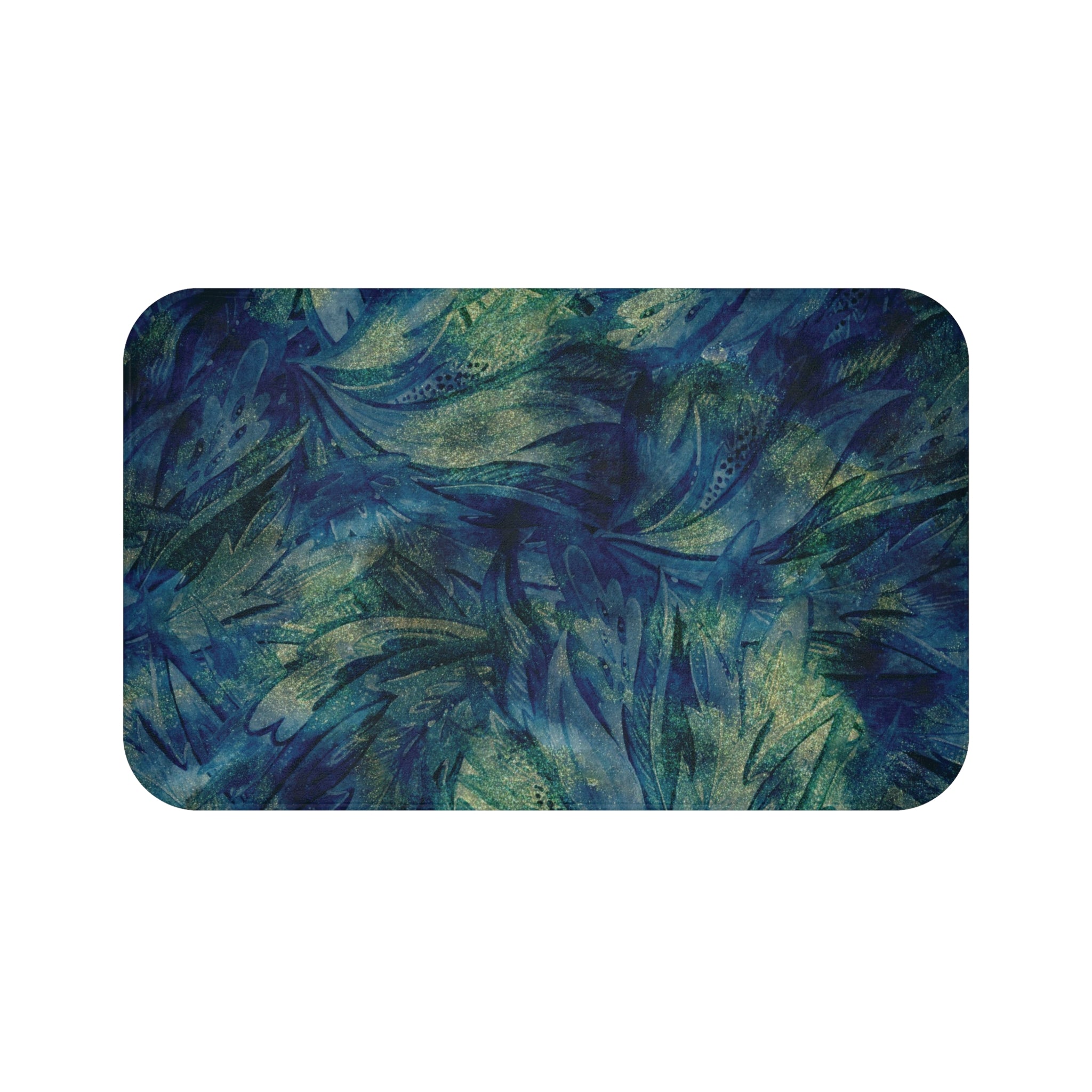 a vibrant abstract pattern with a mix of blue, green, and yellow colors, resembling the appearance of leaves or foliage.