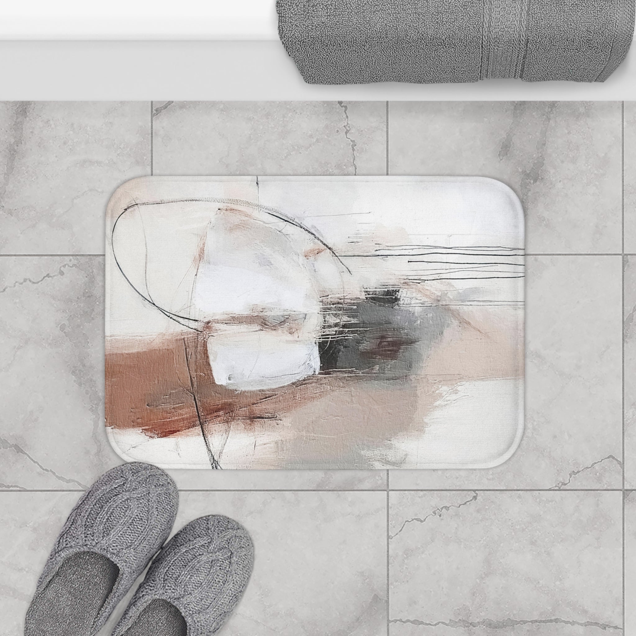 Abstract Bath Mat | Neutral Beige Grey White Kitchen Mat