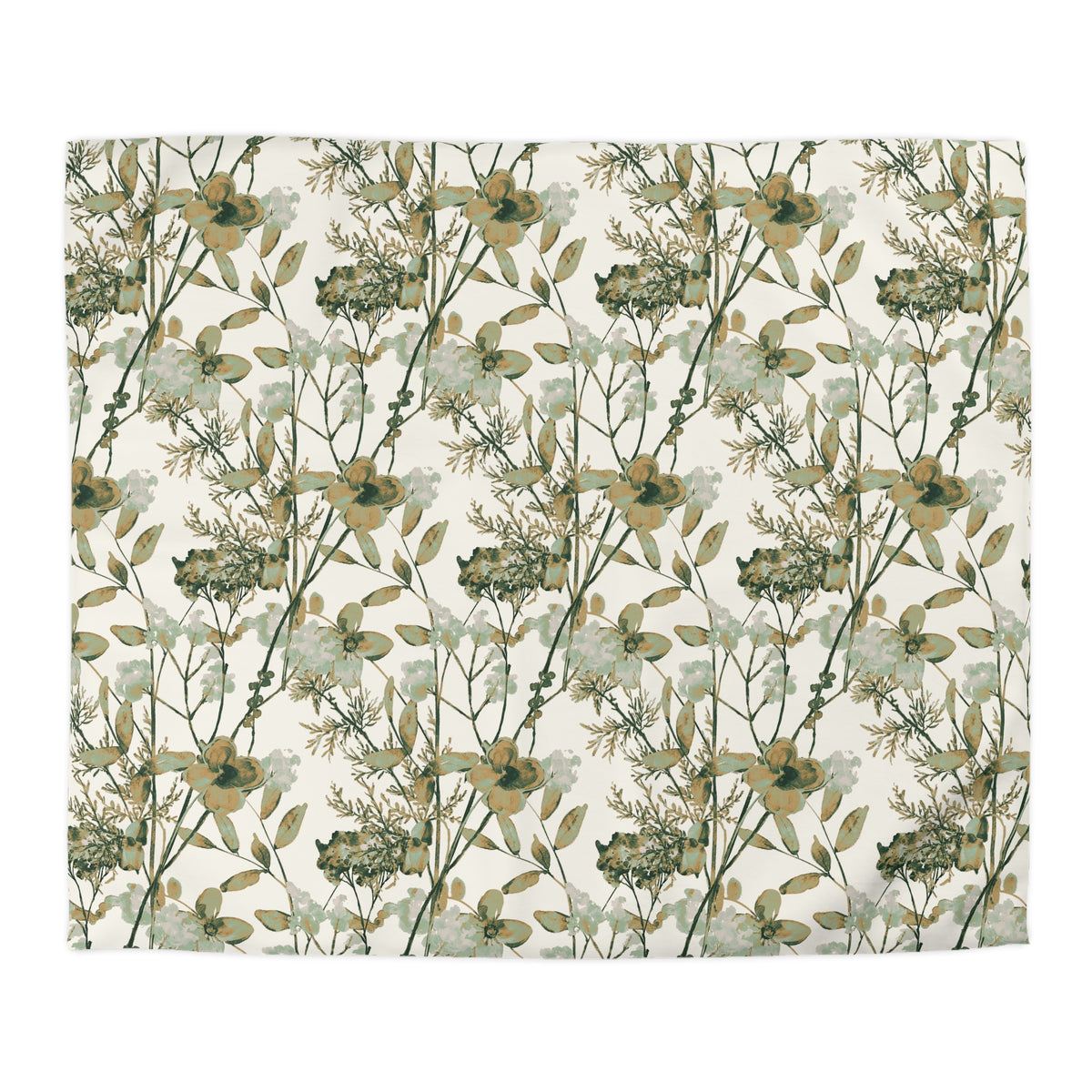 a repeating floral pattern with green leaves and flowers on a white background.