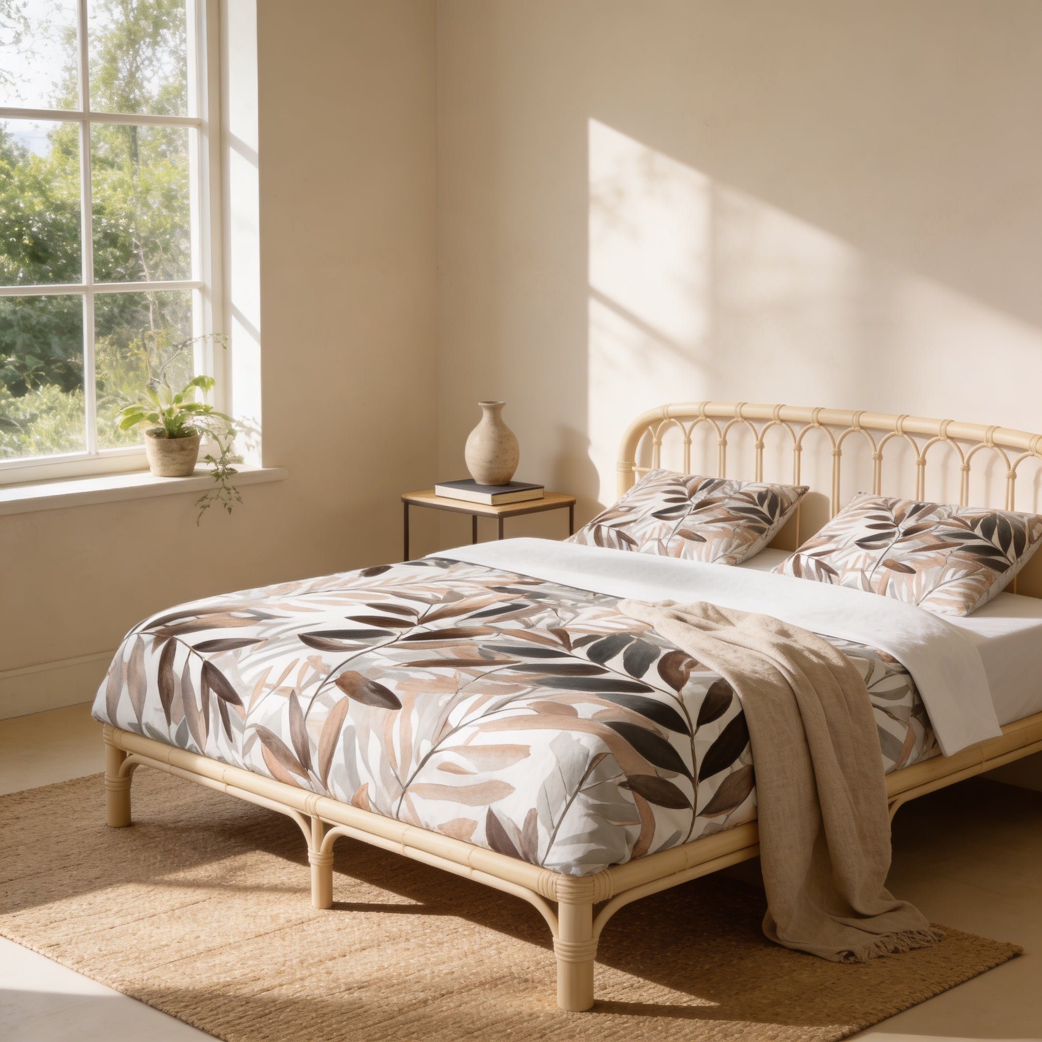a serene and cozy bedroom with a large bed adorned with a leaf-patterned comforter and pillows. The bed is positioned near a window, allowing natural light to fill the room. A small side table is located next to the bed, and a vase can be seen on the table. The room has a neutral color palette, with a beige wall and a rug on the floor, creating a warm and inviting atmosphere.