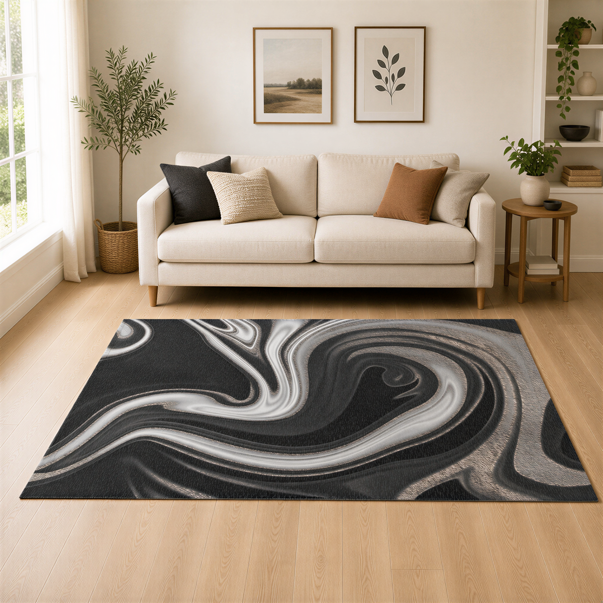 a living room with a white sofa, a large abstract rug, and two framed pictures on the wall. The room has a wooden floor and a window with white curtains.