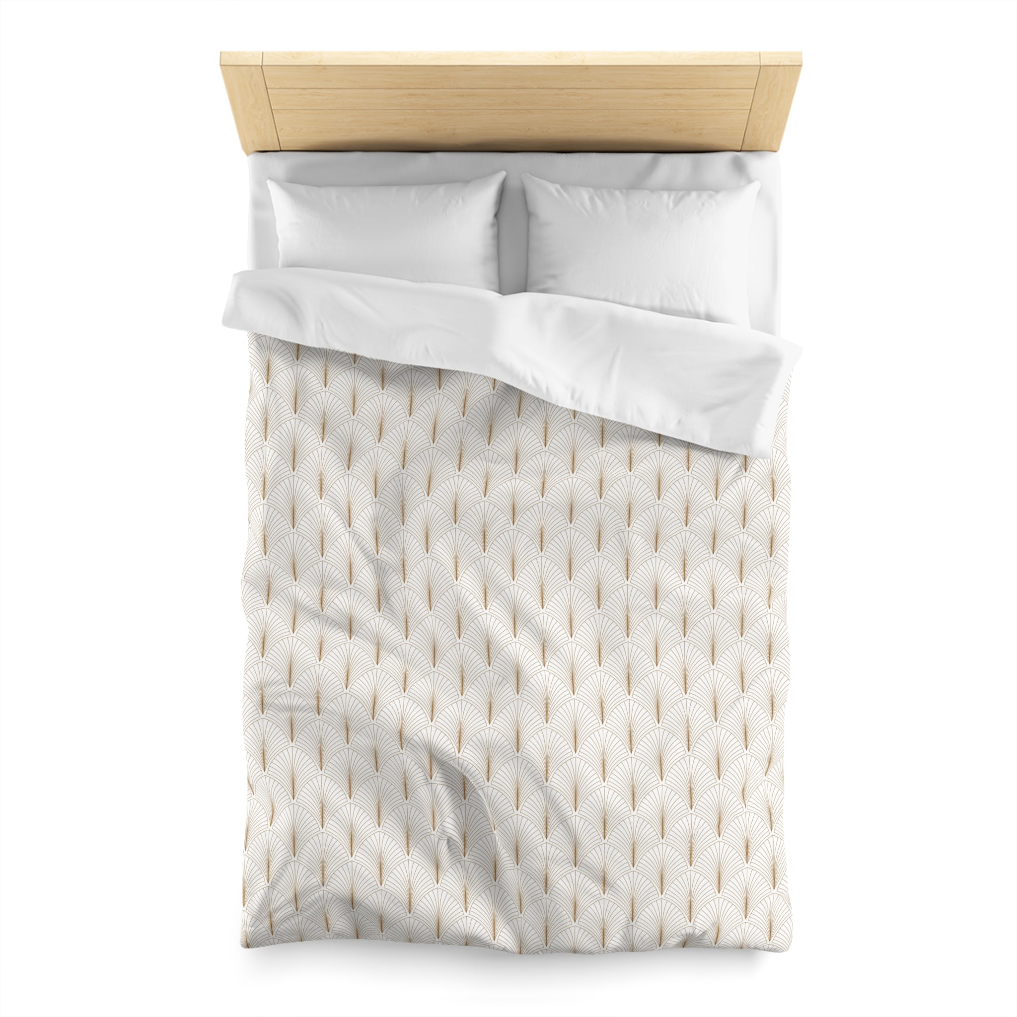A neatly made bed with a white comforter and pillows, featuring a geometric pattern in shades of white and beige.