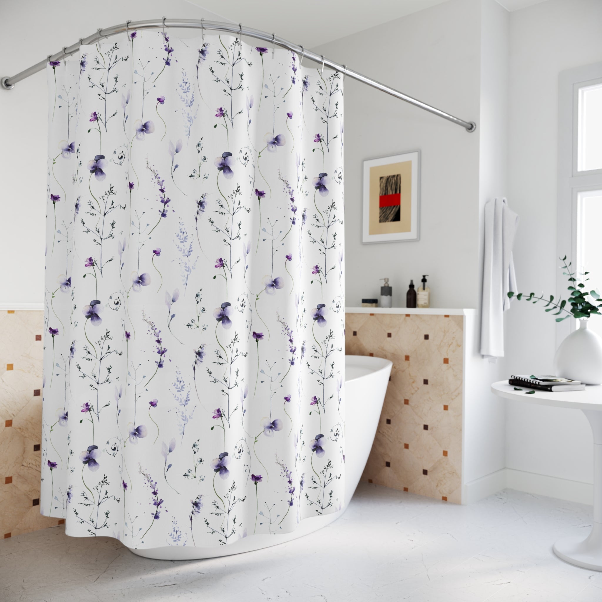 Boho Shower Curtain | White Purple Florals