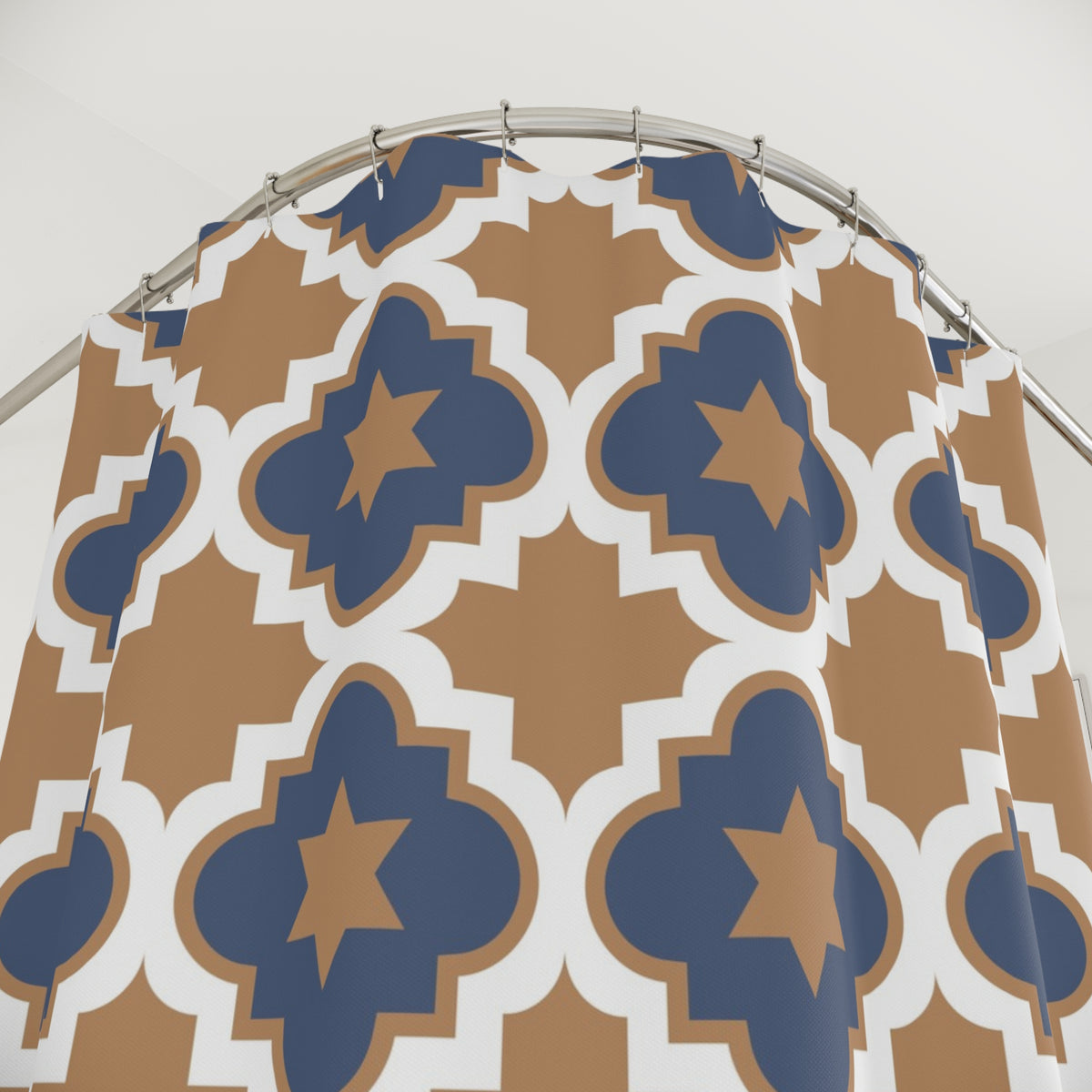 Moroccan geometric shower curtain in navy blue and camel tan in a bathroom setting