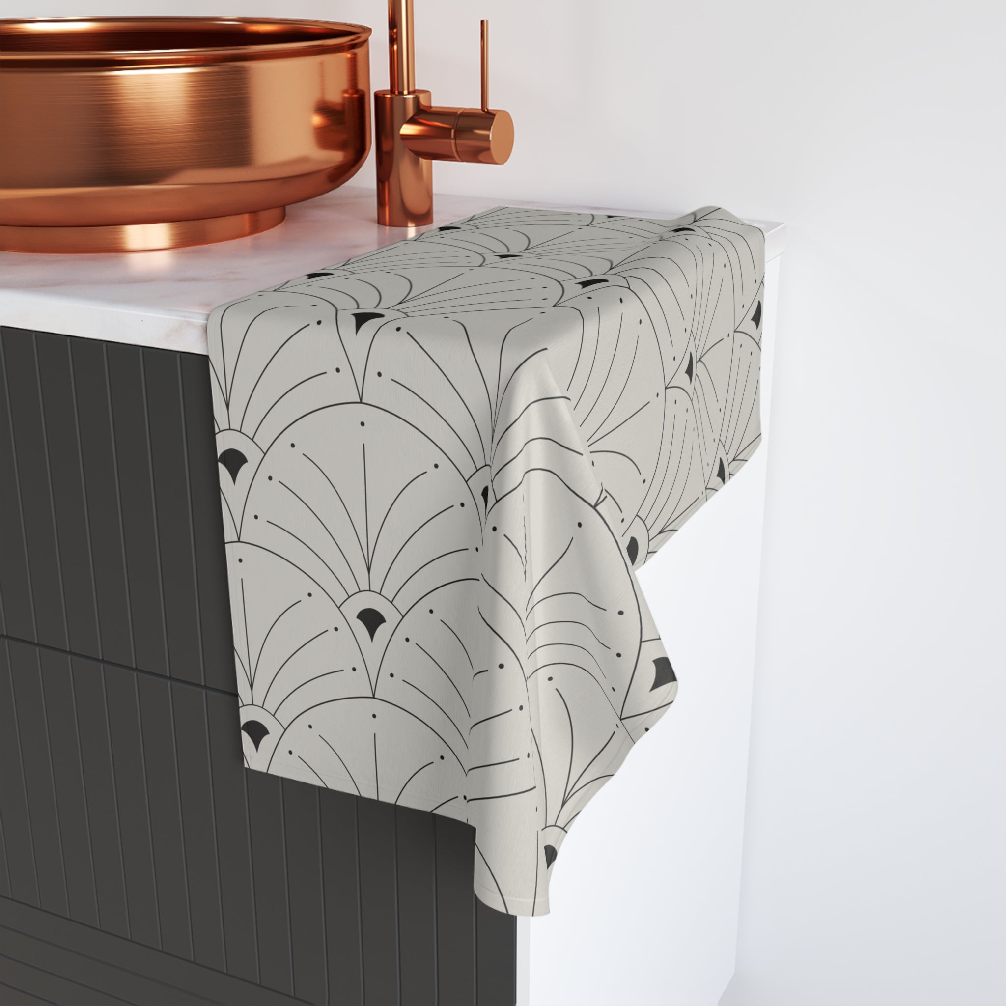 Boho Kitchen, Bath Hand Towel | Art Deco Nouveau Fan Grey Black