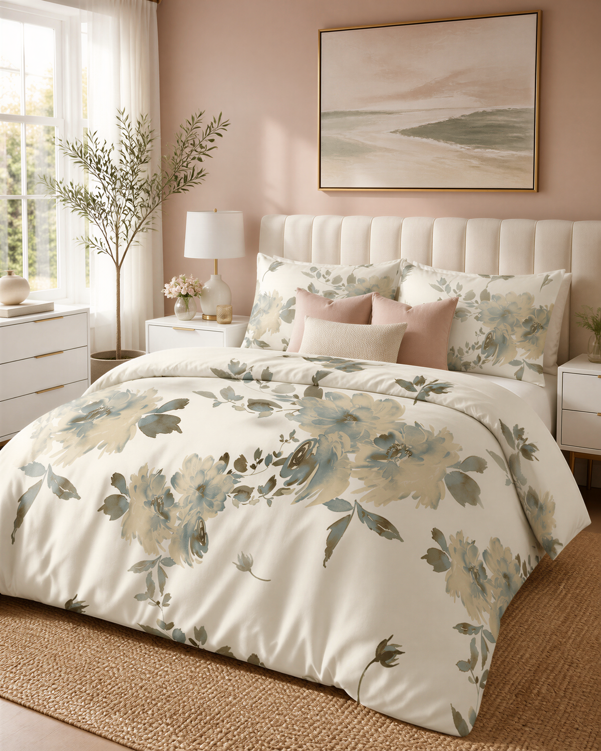 a well-decorated bedroom with a large bed featuring a floral print comforter and pillows. The bed is positioned against a wall with a painting above it. The room also includes a dresser, a window, and a rug on the floor.