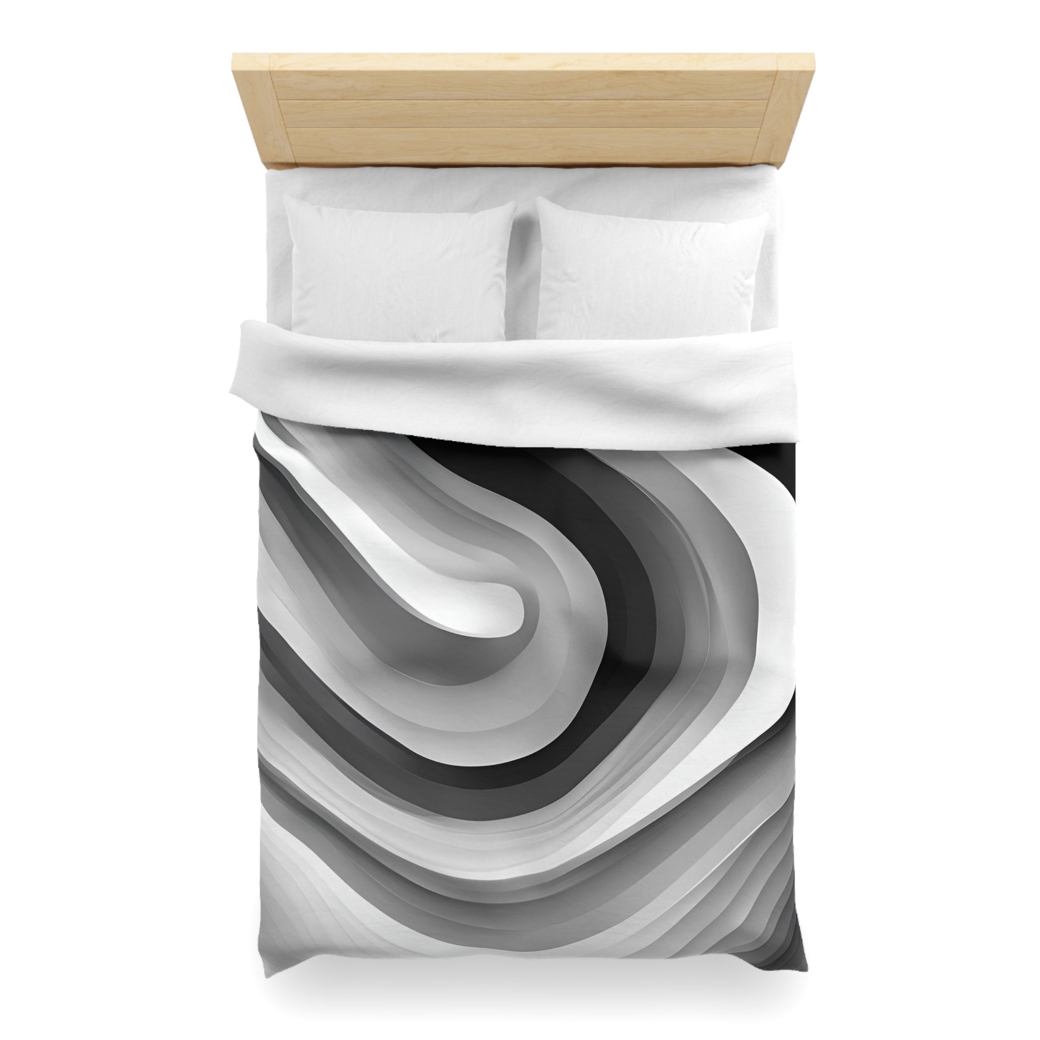 a neatly made bed with a white comforter and pillows. The bed has a wooden headboard. The bedding features a black and white abstract design, creating a visually striking contrast.