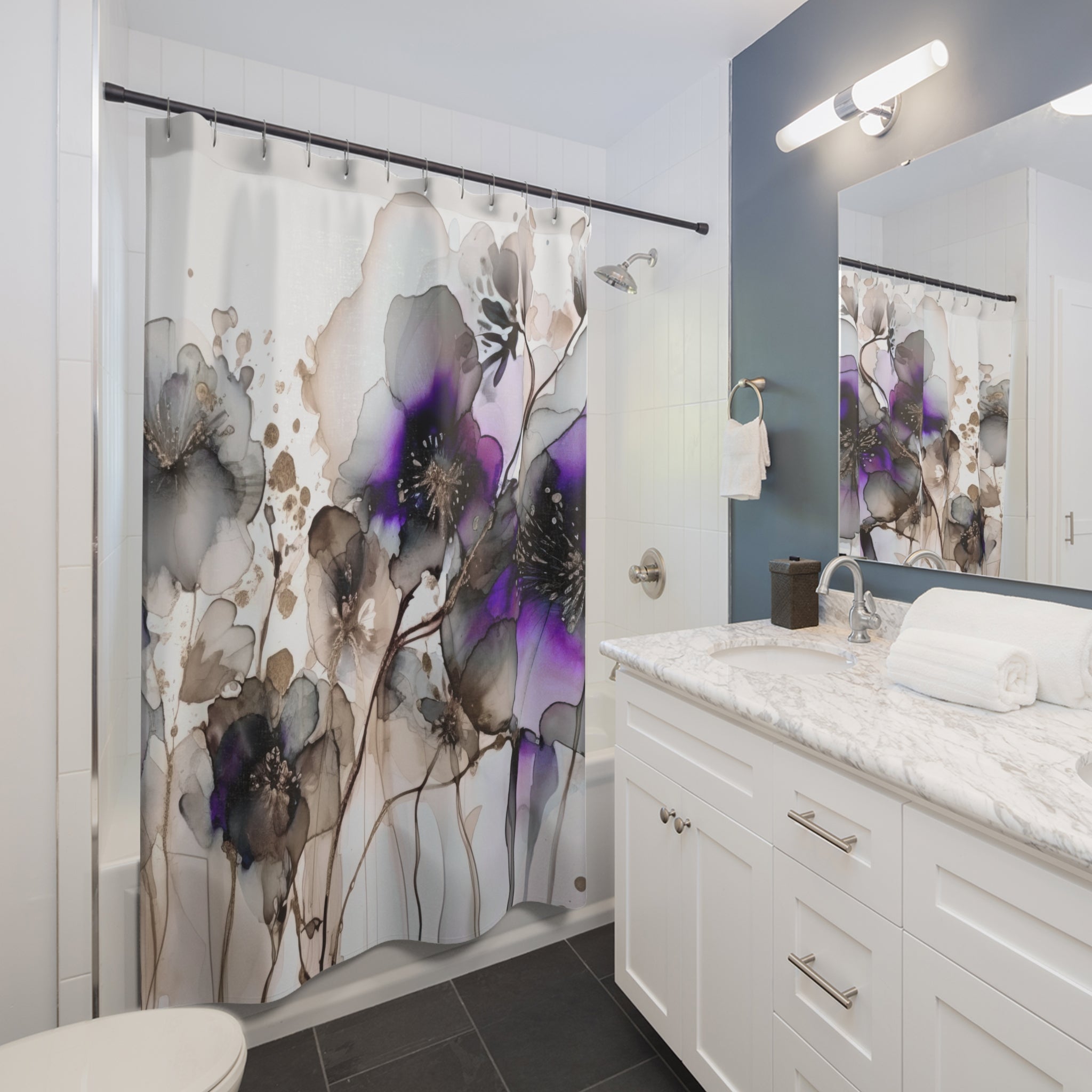 a modern bathroom with a white vanity, a large floral shower curtain, and a marble countertop.