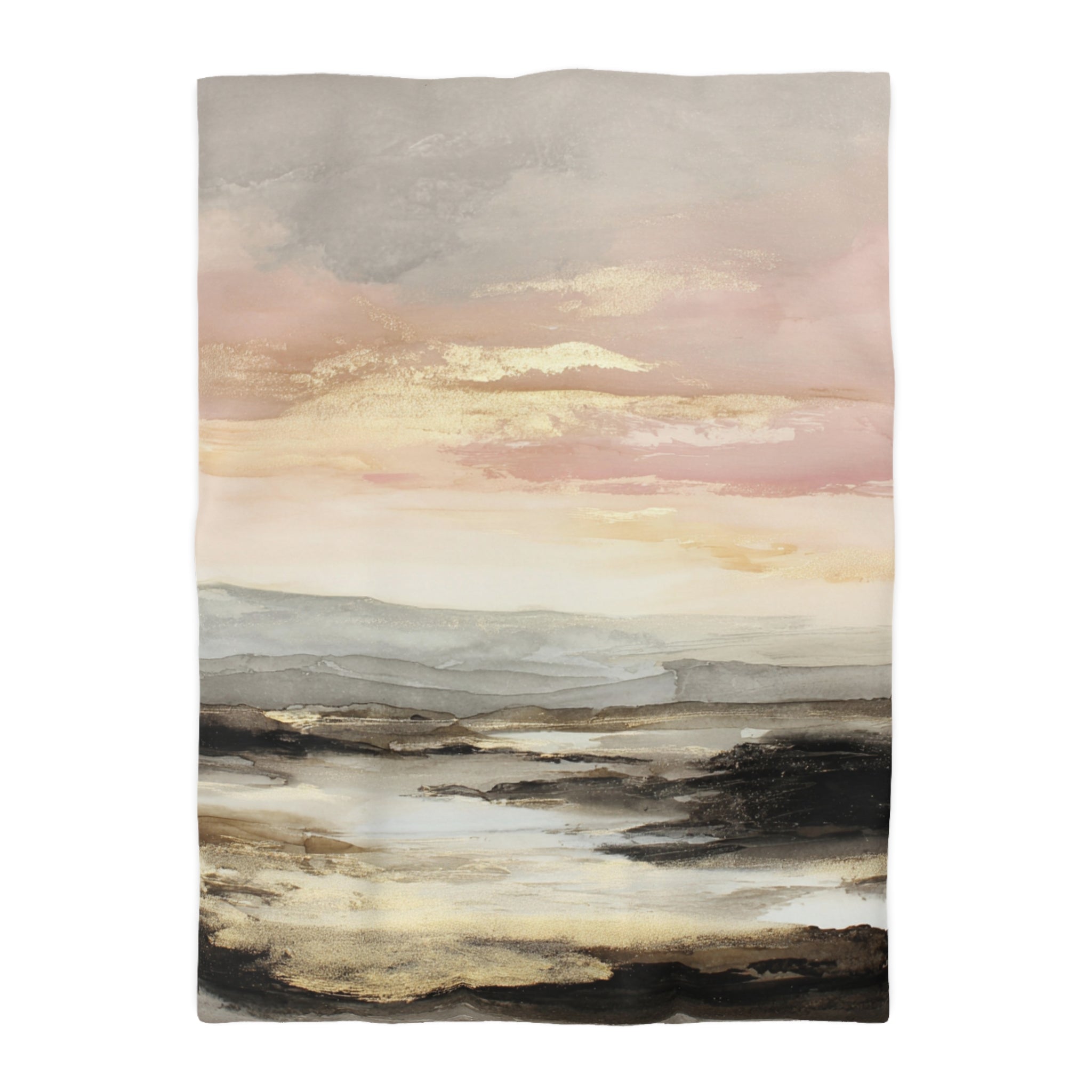 The image is a painting depicting a serene landscape with a body of water, mountains, and a cloudy sky.