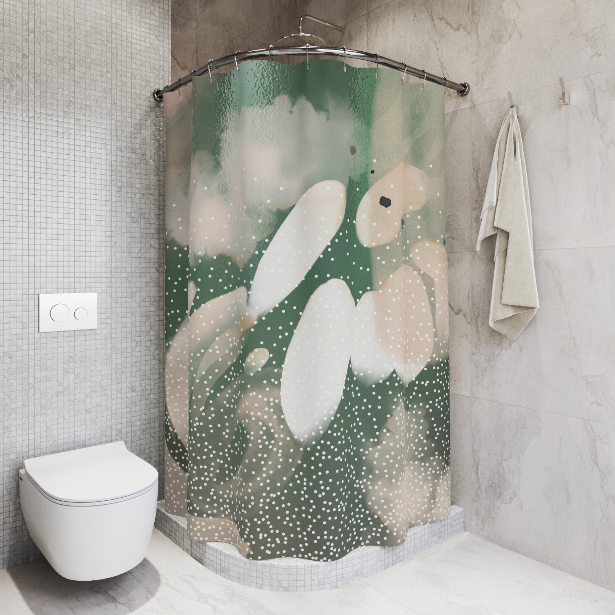 Boho Shower Curtain | Green, Blush Pink White Abstract