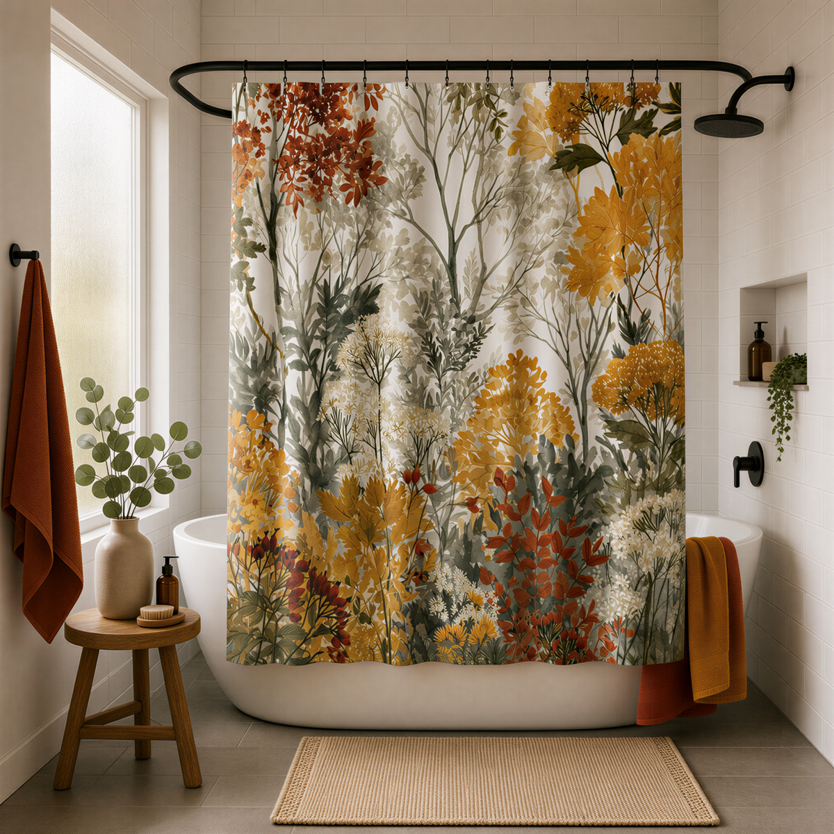 a bathroom with a shower curtain featuring a floral pattern in shades of yellow, orange, and green. The bathroom is well-decorated with a wooden stool, a potted plant, and a vase.