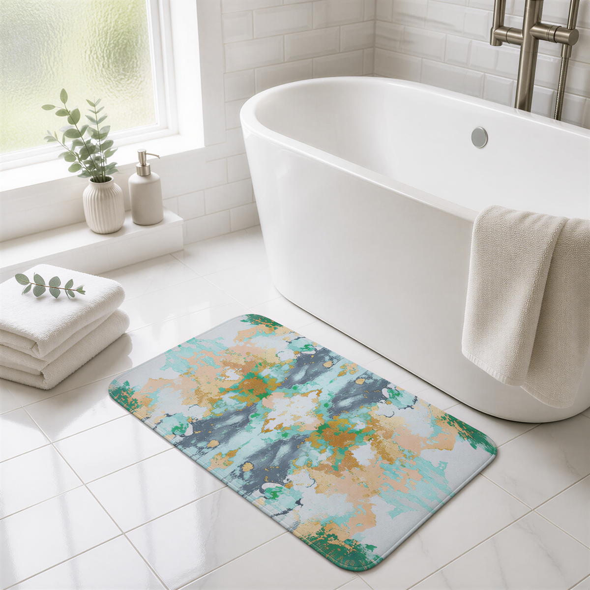 a bathroom with a white bathtub, a colorful abstract bath mat, and a stack of white towels.