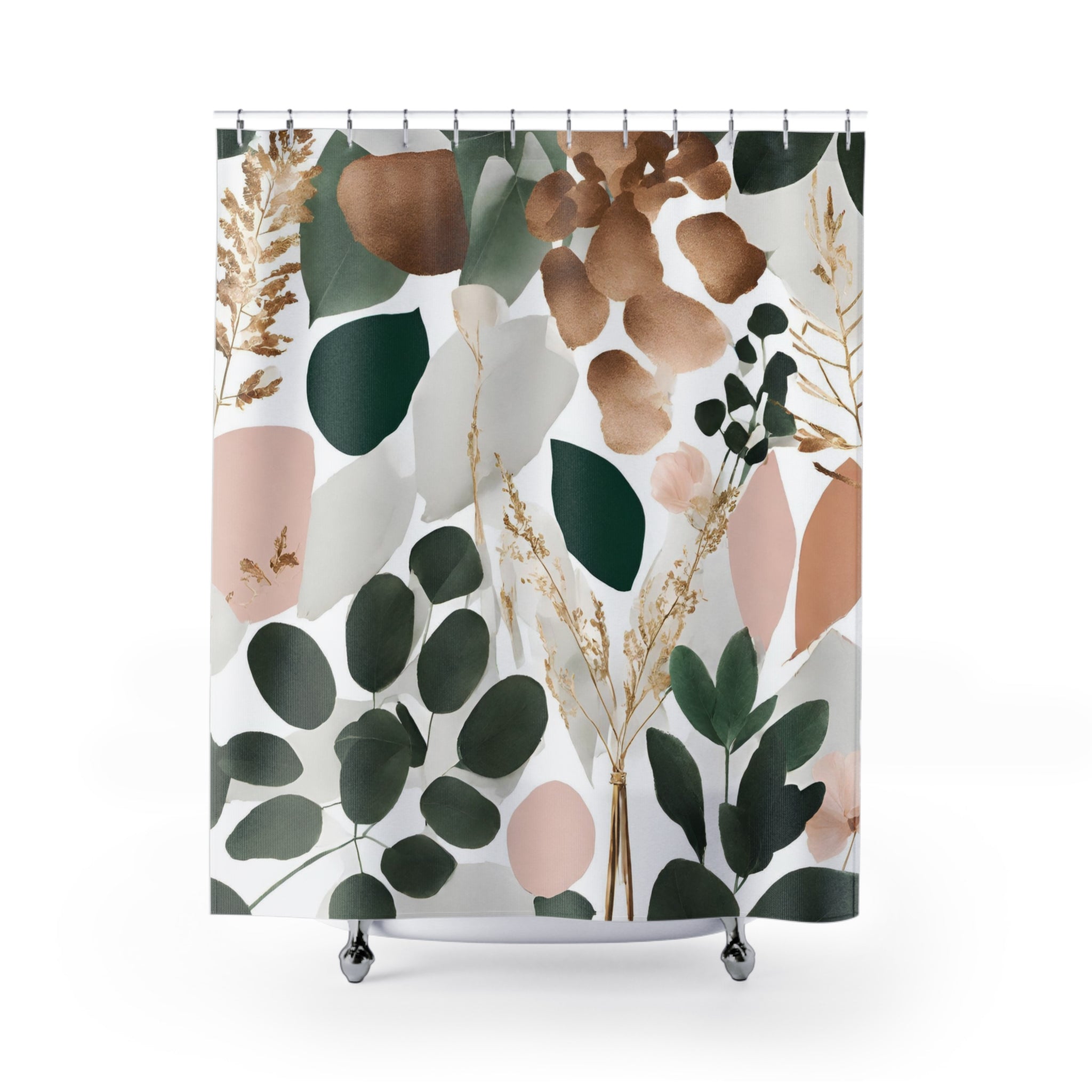 Boho Floral Shower Curtain | Colorful Emerald Green, Pink White Eucalyptus Leaves
