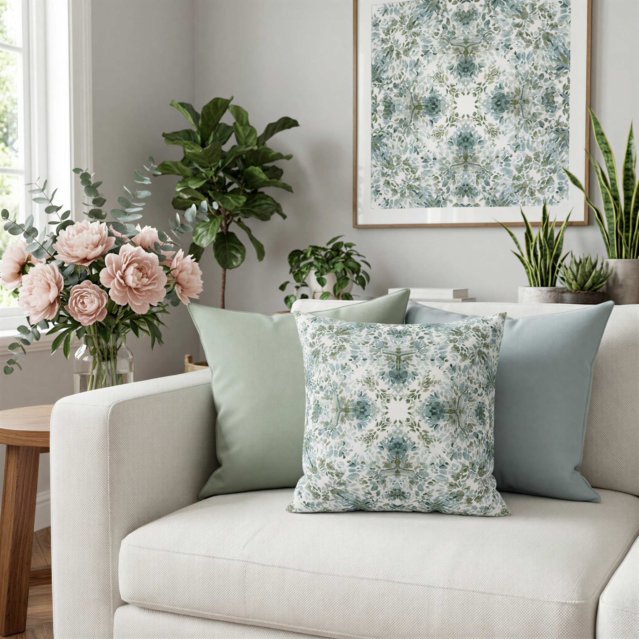 a cozy living room with a white sofa adorned with a floral throw pillow and a vase of pink flowers. The room is decorated with various potted plants, and a framed floral print hangs on the wall.