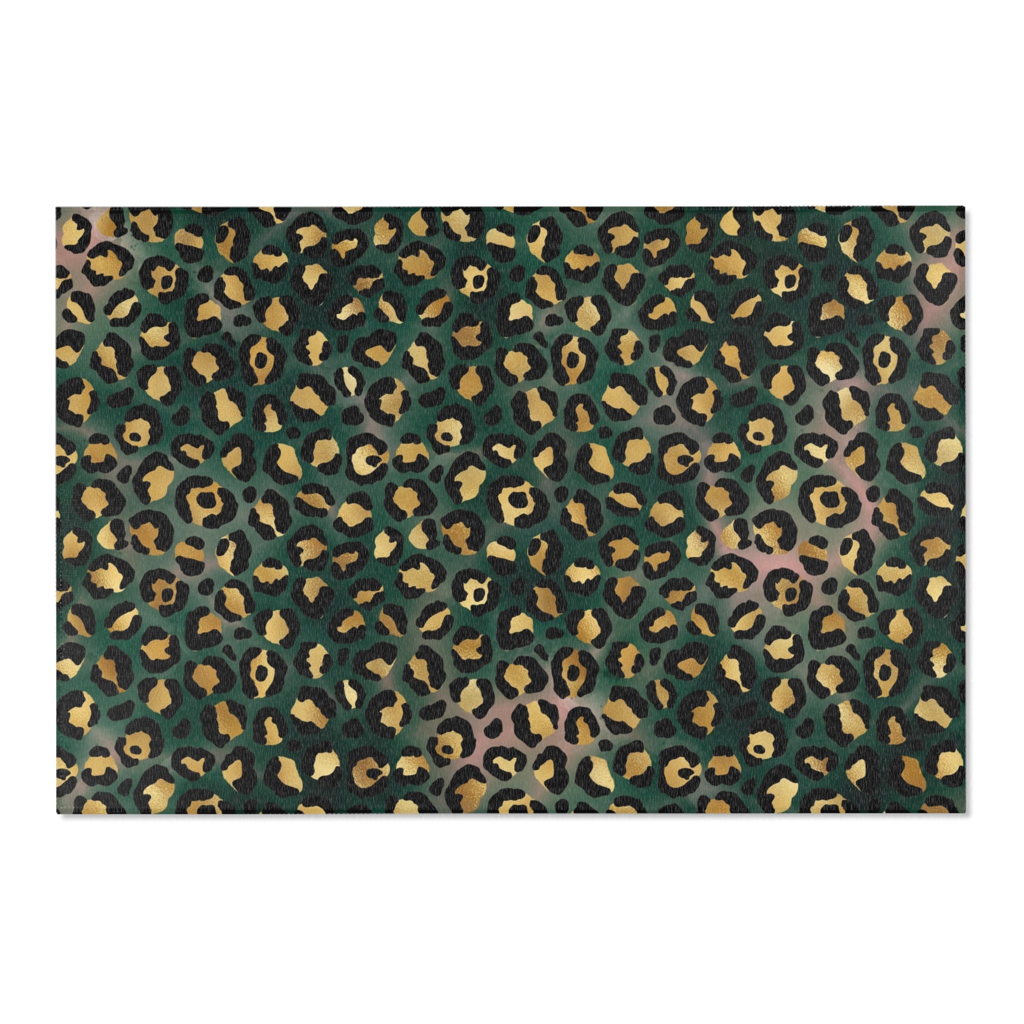 Dark forest green, black and beige leopard animal print large area rug, close-up of the woven pattern