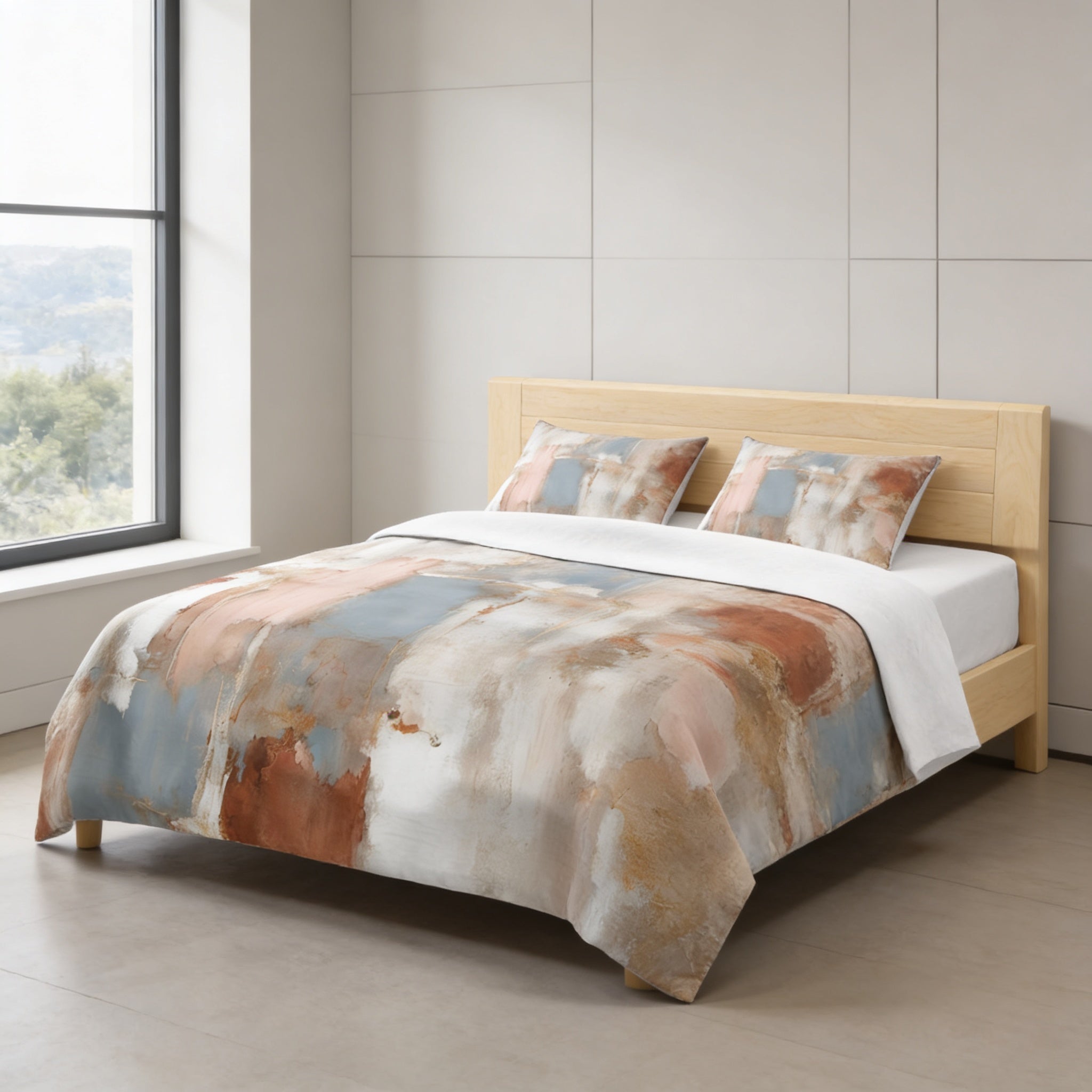 a modern bedroom with a large bed featuring a colorful abstract patterned comforter and matching pillows. The bed is positioned against a wall with a window, providing a view of the outdoors. The overall design and color scheme of the room create a visually appealing and contemporary atmosphere.