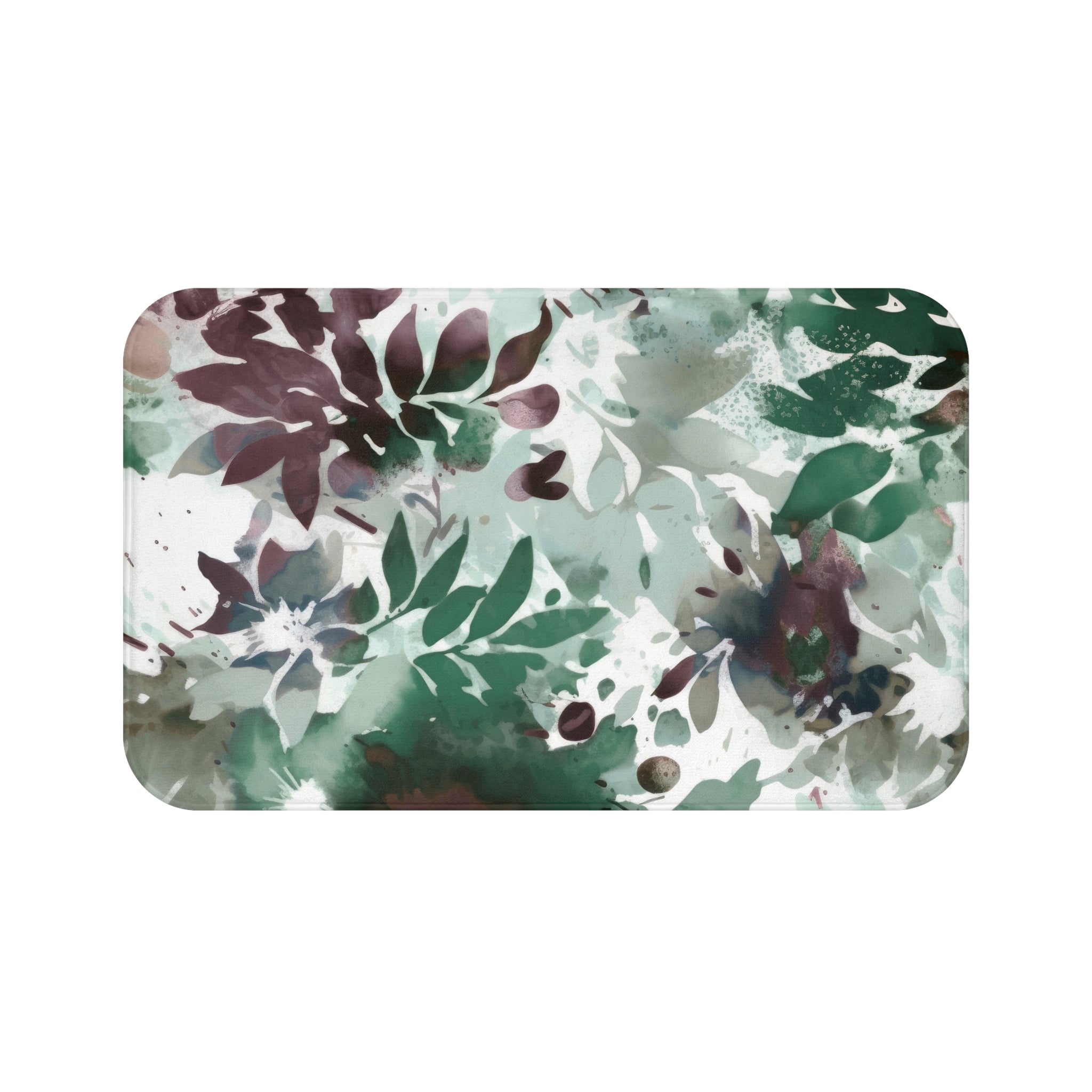 Abstract Bath Mat | Sage Green White Mauve Leaves, Colorful Floral Kitchen Mat