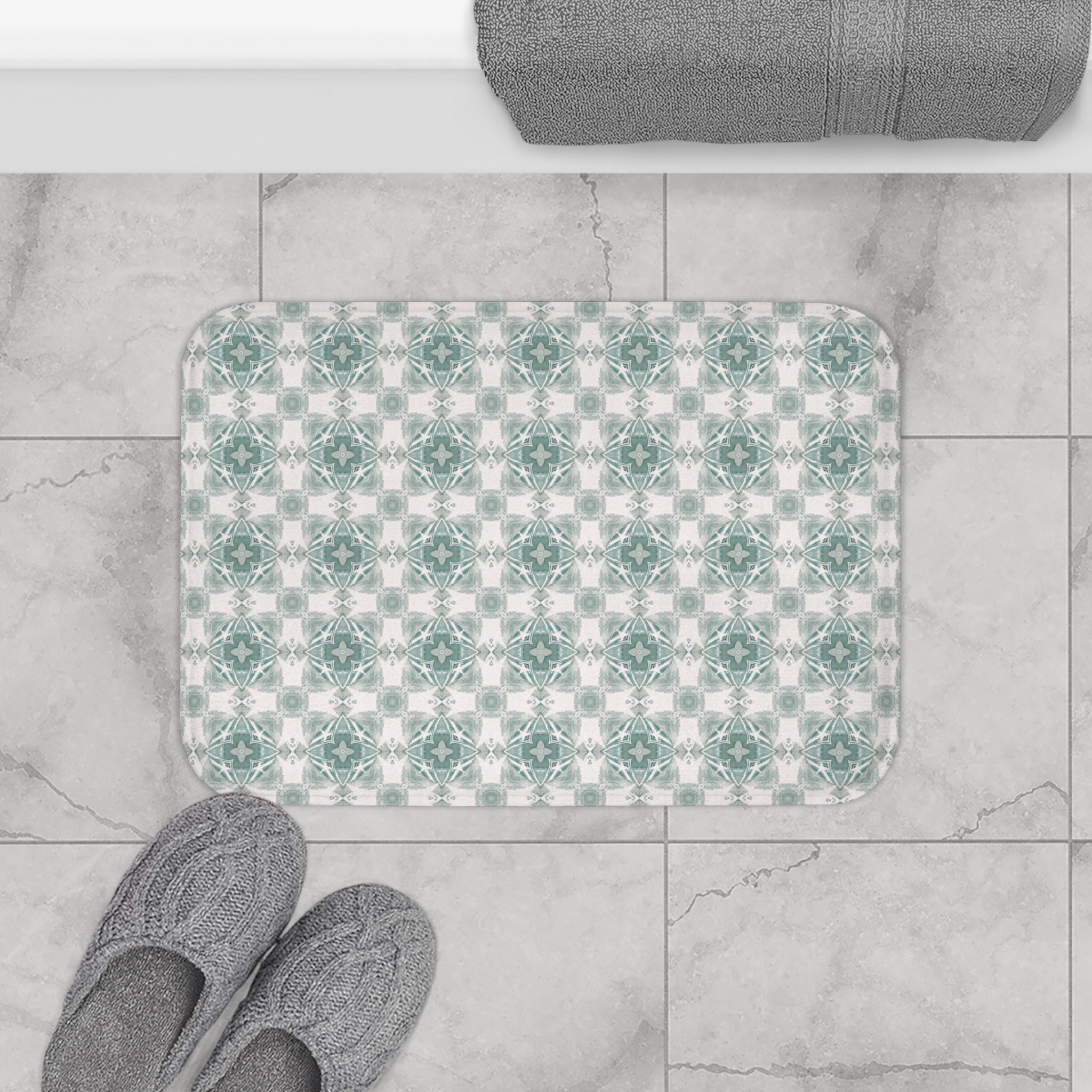 Art Deco Bath Mat | Sage Green, Medieval Cream Kitchen Mat