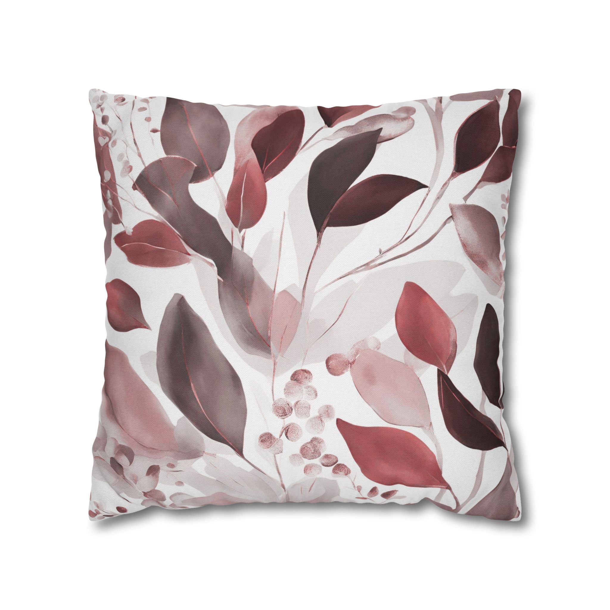 Boho Floral Throw Pillow Cover; Burgundy Red Watercolor Leaves Couch Cushion