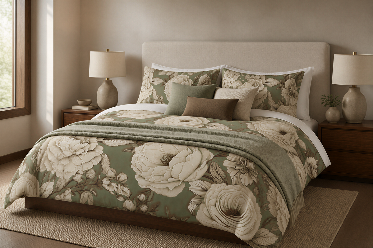 a bedroom with a large bed covered in a floral comforter and pillows. The bed is positioned against a wall with a window, and there are two lamps on either side of the bed.
