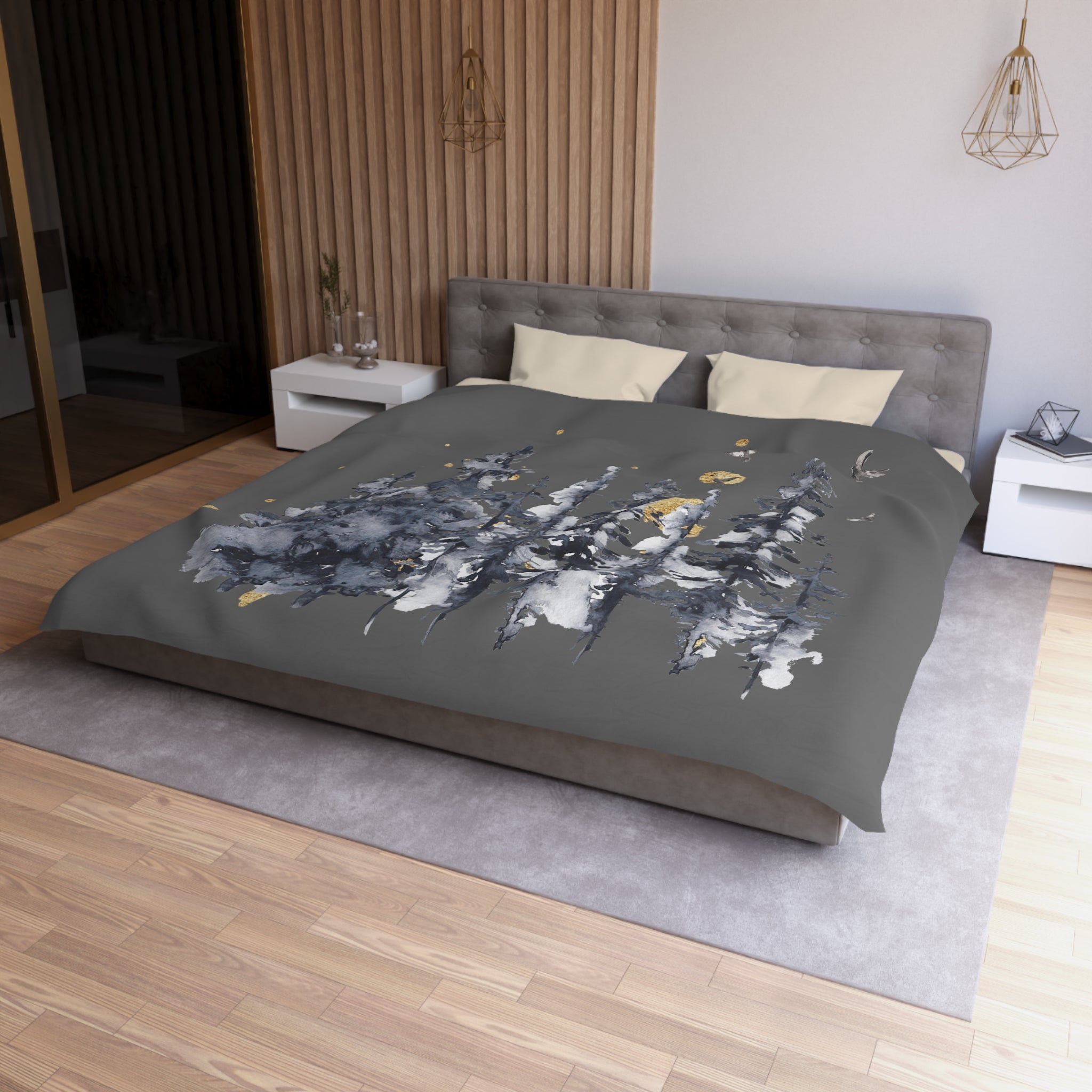 Abstract Duvet Cover | Dark Gray, Navy Trees Woodlands | Bedroom Decor