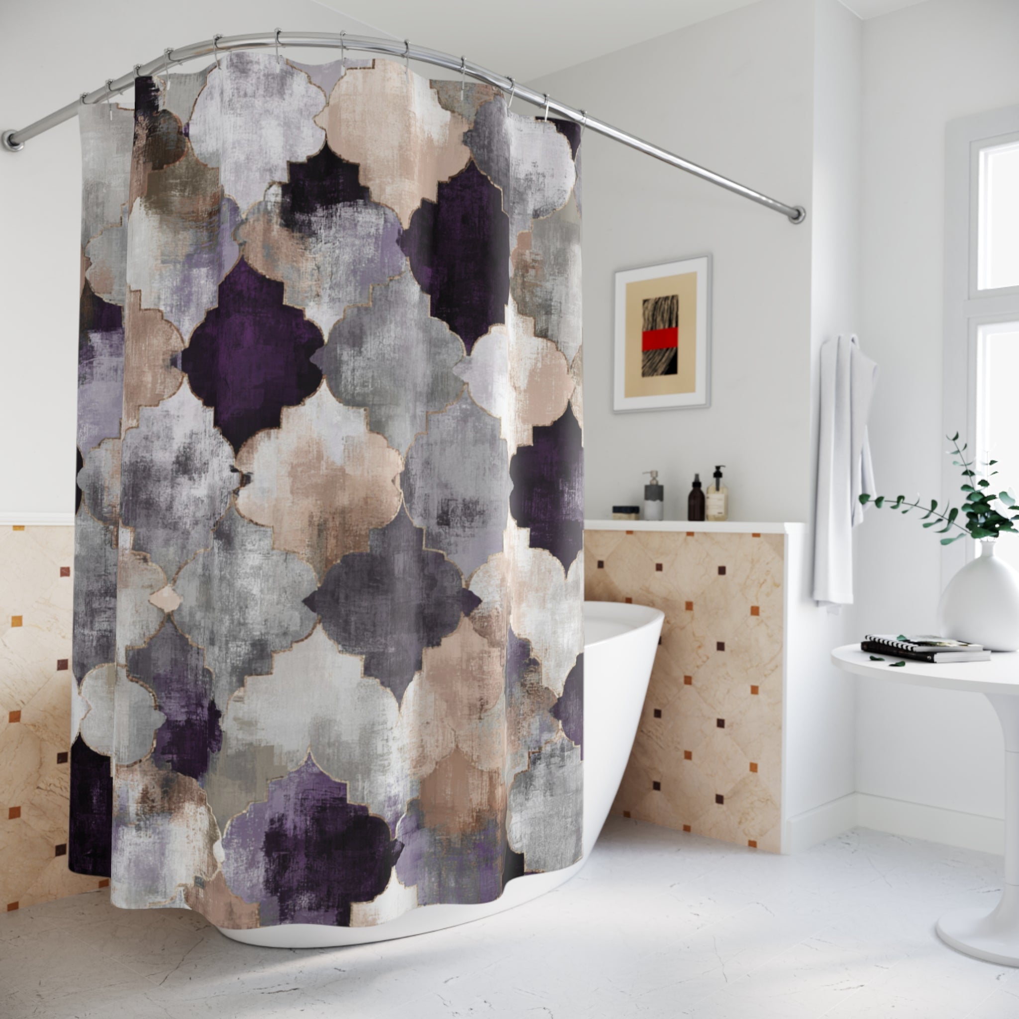 Rustic Moroccan Shower Curtain | Purple Grey Bathroom Decor