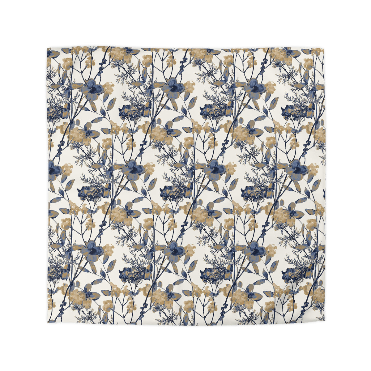 a repeating floral pattern with blue and gold colors, creating a visually appealing and intricate design.