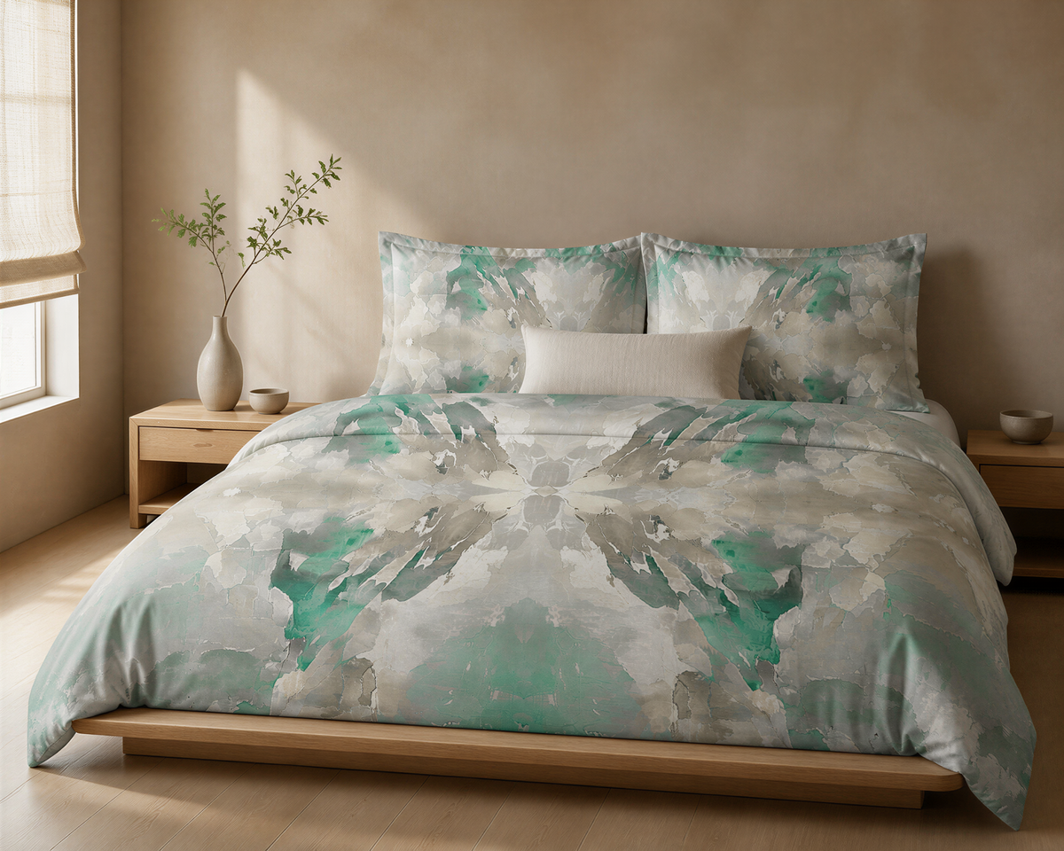 a serene and modern bedroom with a large bed adorned with a colorful, abstract-patterned comforter and pillows. The bed is positioned against a wall with a window, and there is a small plant on the windowsill. The room has a minimalist and clean design, with a wooden floor and a wooden nightstand on the left side of the bed.