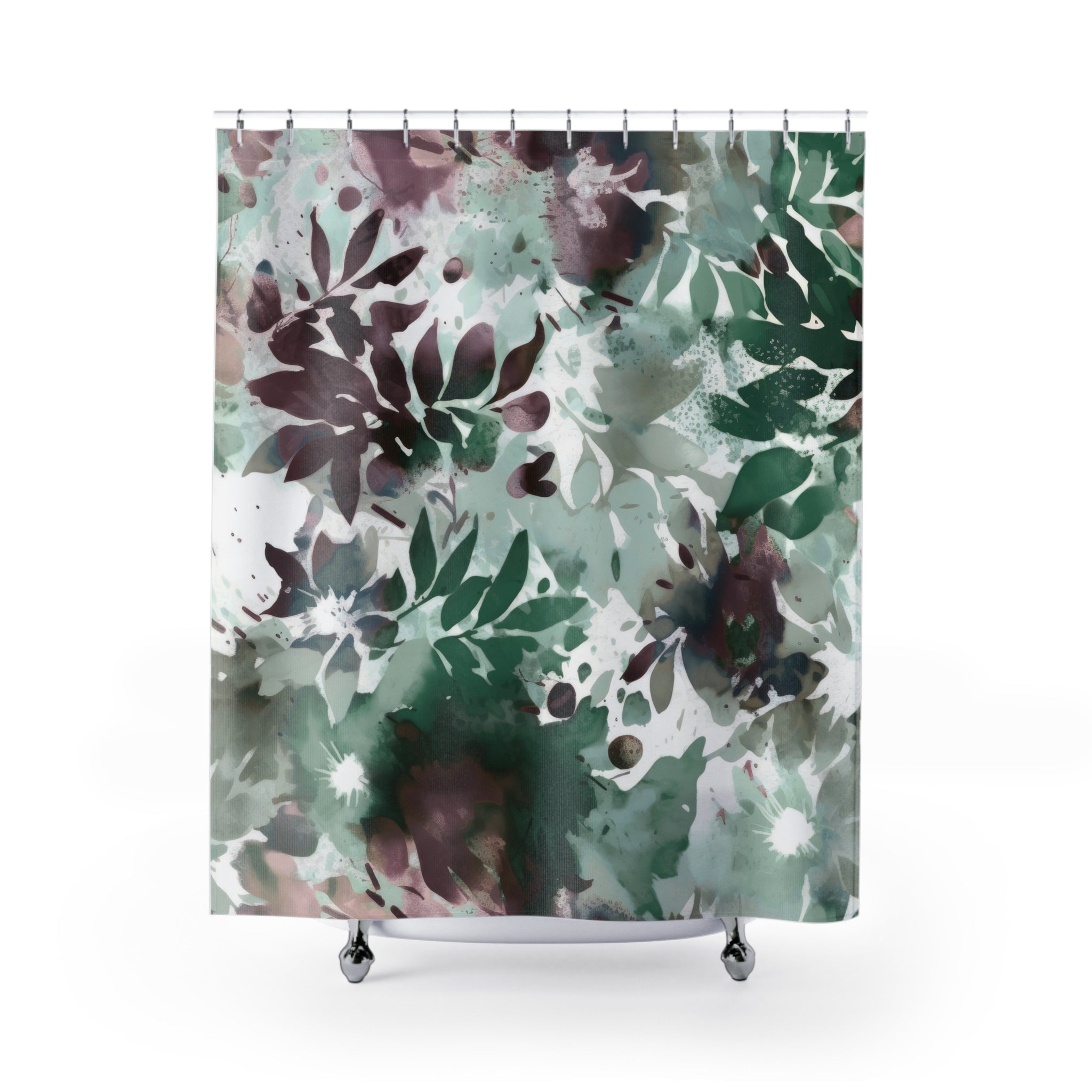 Boho Shower Curtain | Sage Green White Mauve Leaves, Colorful Floral Watercolor