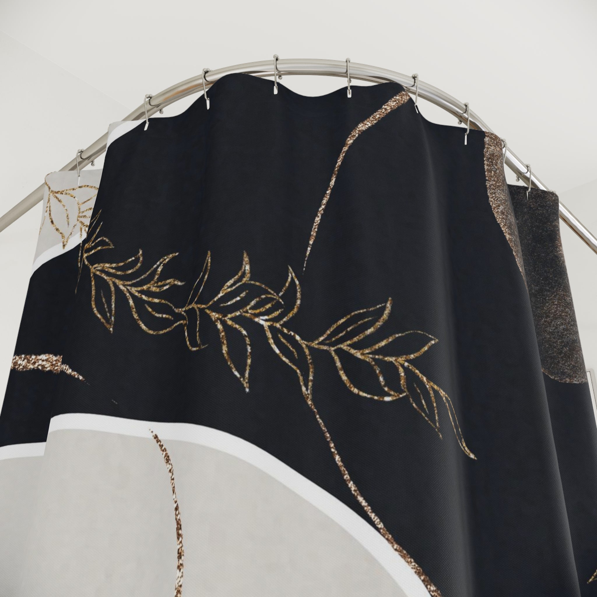 Boho Abstract Art Shower Curtain | Muted Gold Beige Black Line Art