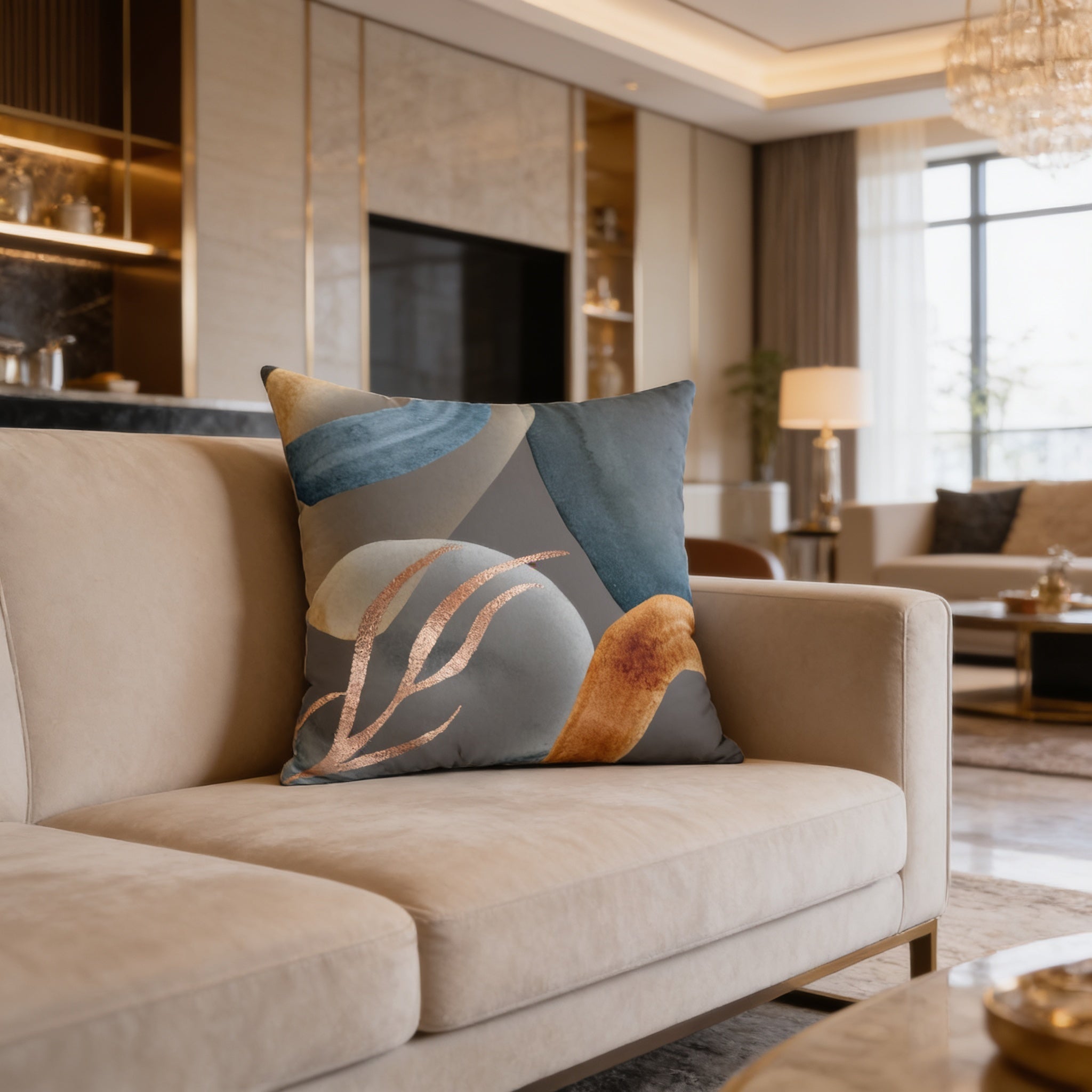 A beige sofa with a decorative throw pillow featuring abstract patterns in shades of blue, gray, and orange.