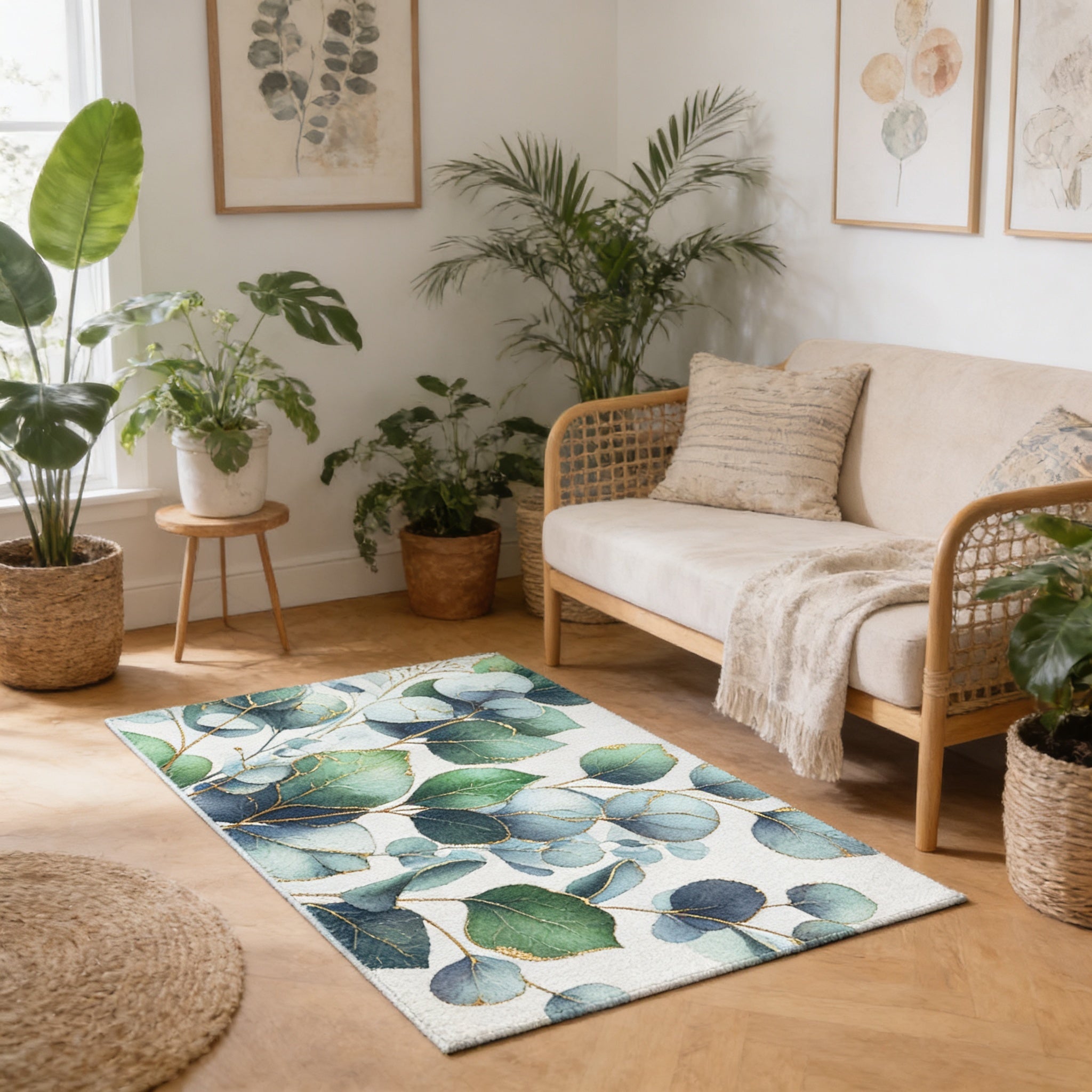 a cozy living room with a beige sofa, a rug with a leaf pattern, and several potted plants. The room has a warm and inviting atmosphere, with natural elements and a harmonious color palette.