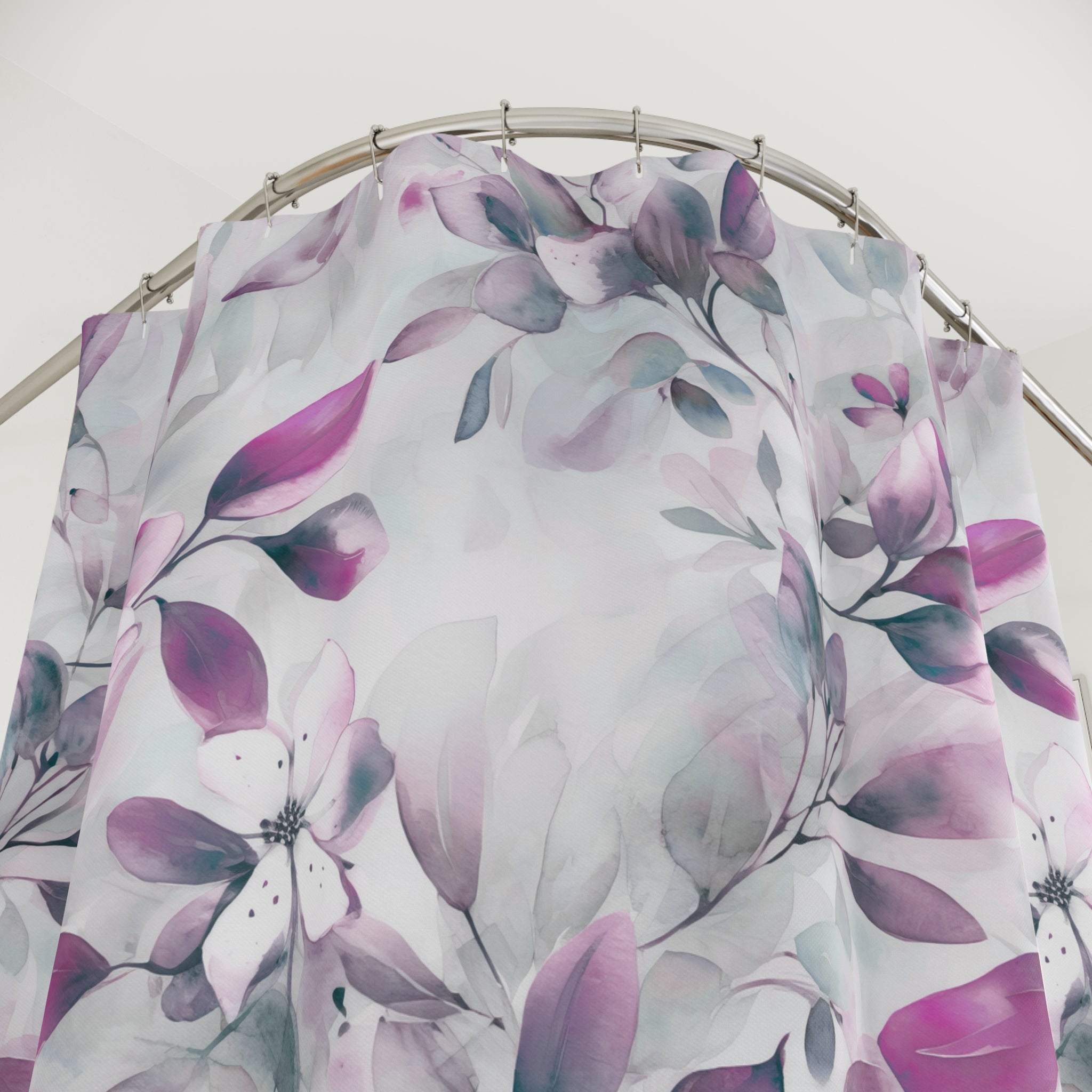 Boho Floral Shower Curtain | Pink Grey Leaves Bathroom