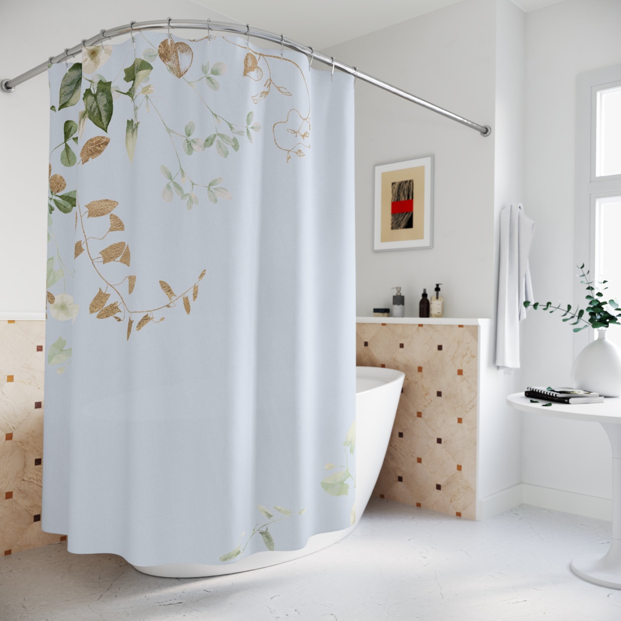 Pale Blue Shower Curtain | Floral, Beige Green Vine Leaves