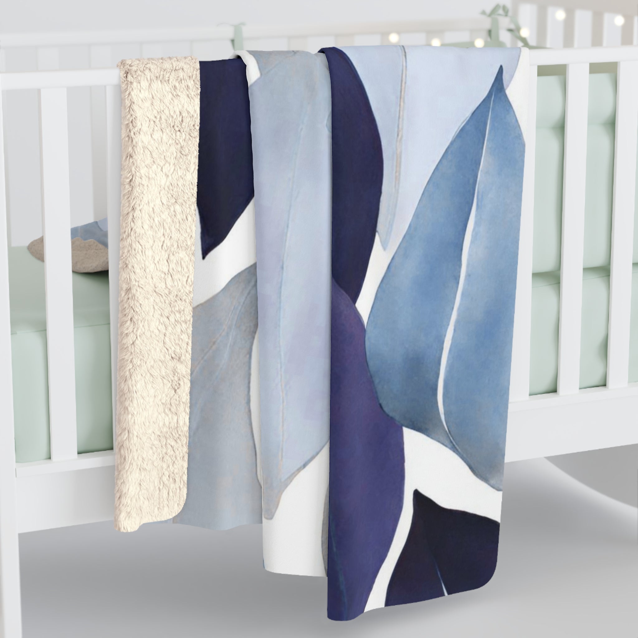 Abstract Floral Throw Blanket | Blue White Leaves Watercolor