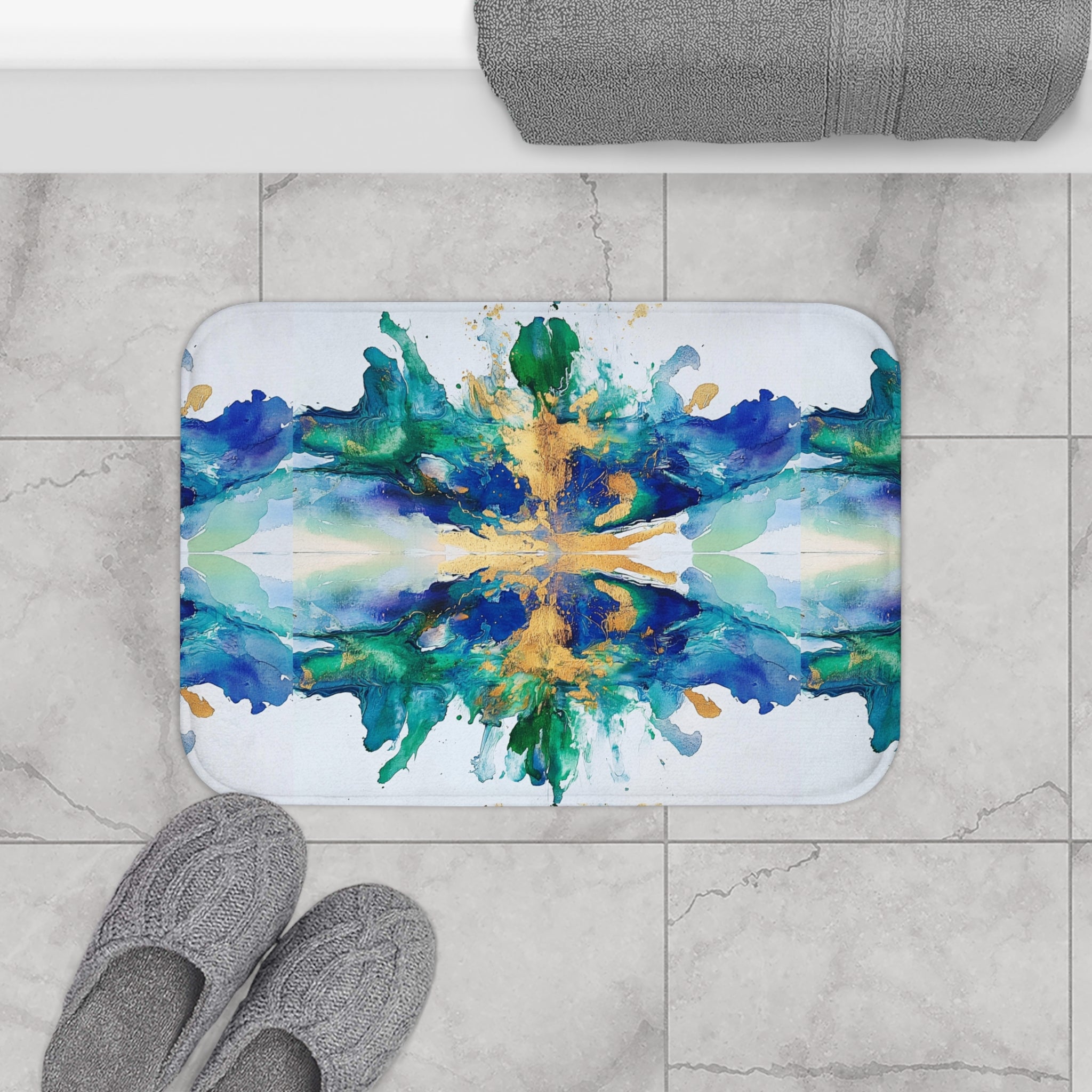 Colorful Bath Mat | Abstract Green Blue White Kitchen Mat
