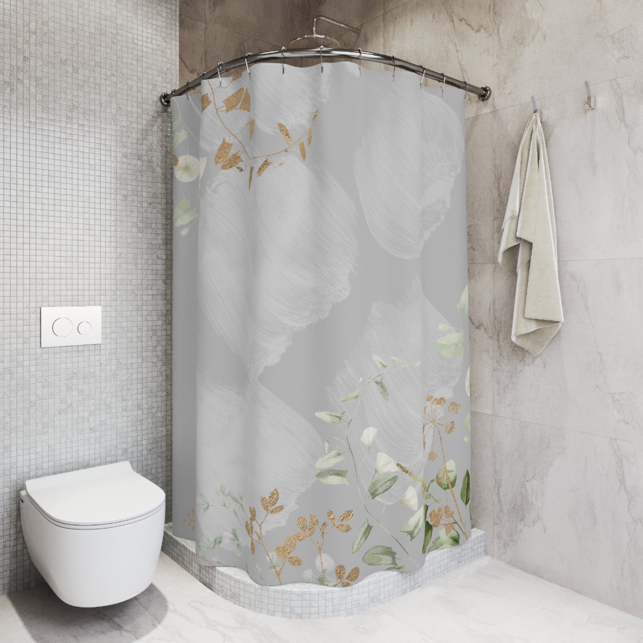 Grey Floral Shower Curtain | Sage Green Leaves