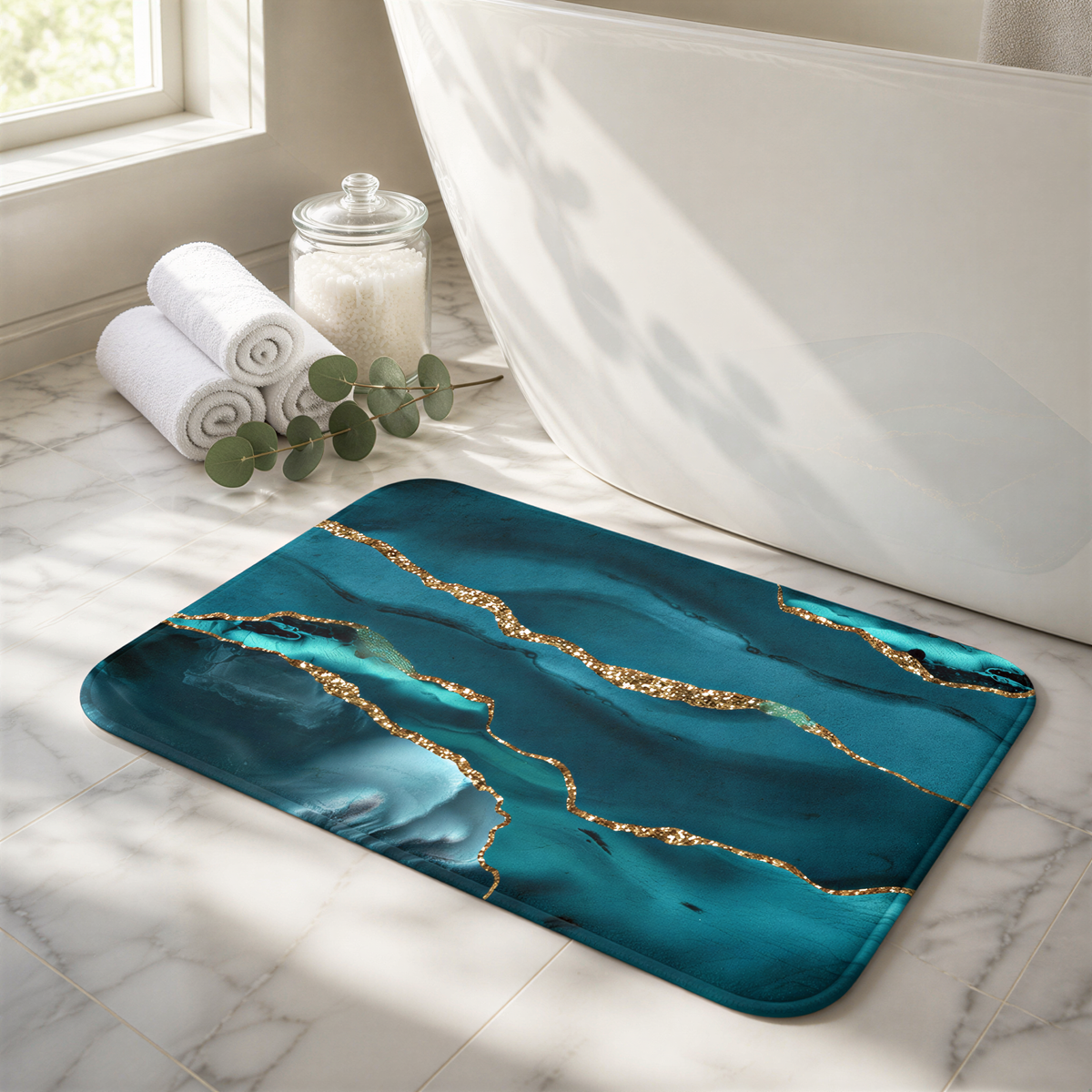 A bathroom with a white bathtub, a marble-like bath mat with gold glitter lines, and rolled white towels.