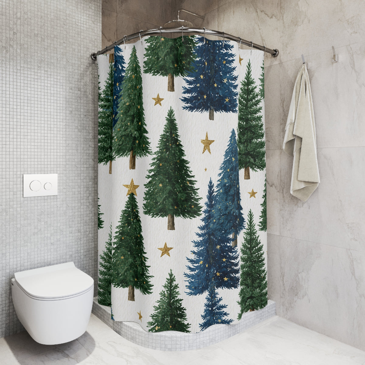 Green Blue Christmas Pines Shower Curtain, Bath Curtain 71x74