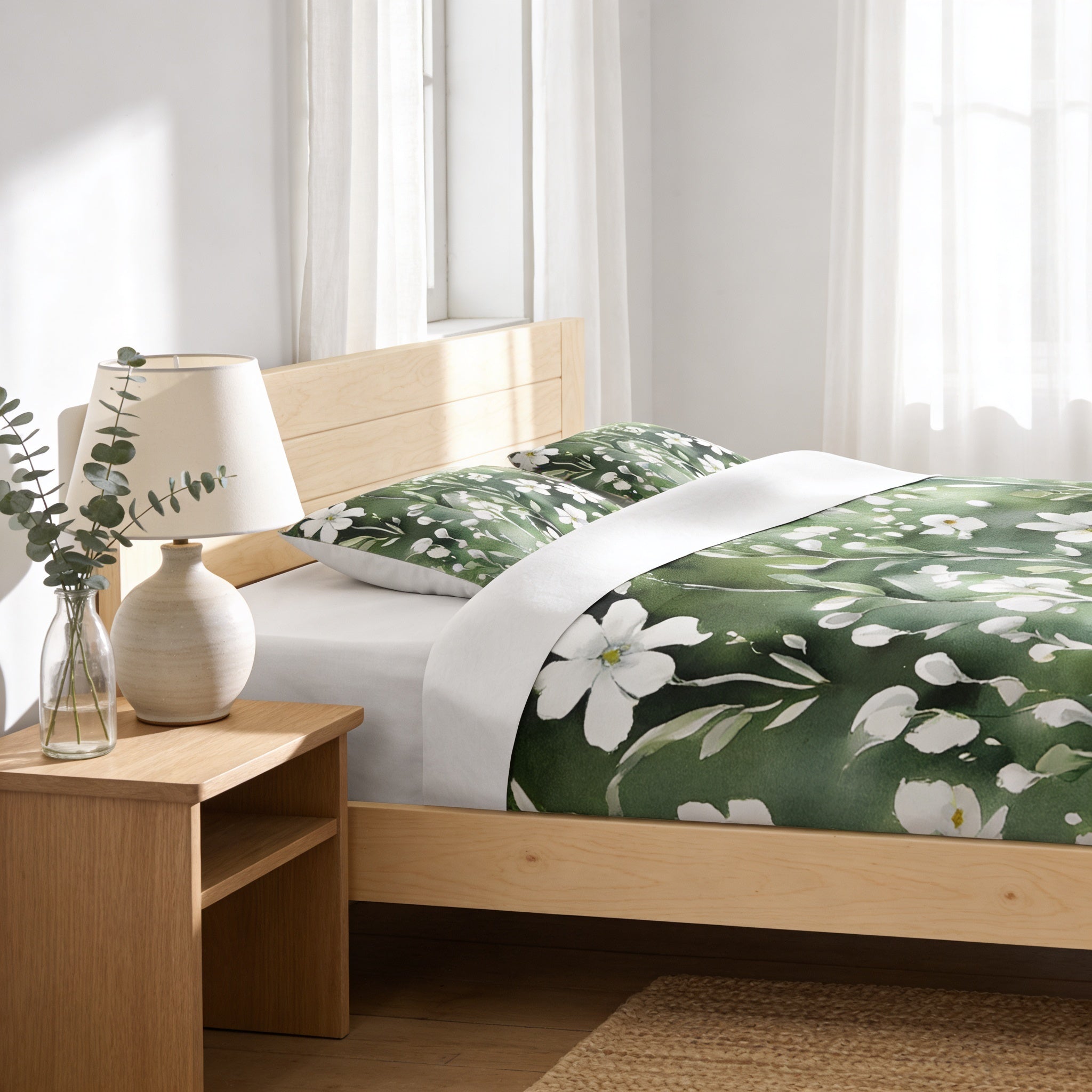 a serene and cozy bedroom scene, featuring a bed with a green and white floral comforter and matching pillows, a wooden nightstand with a lamp and a vase of greenery, and a window with white curtains allowing natural light to fill the space.