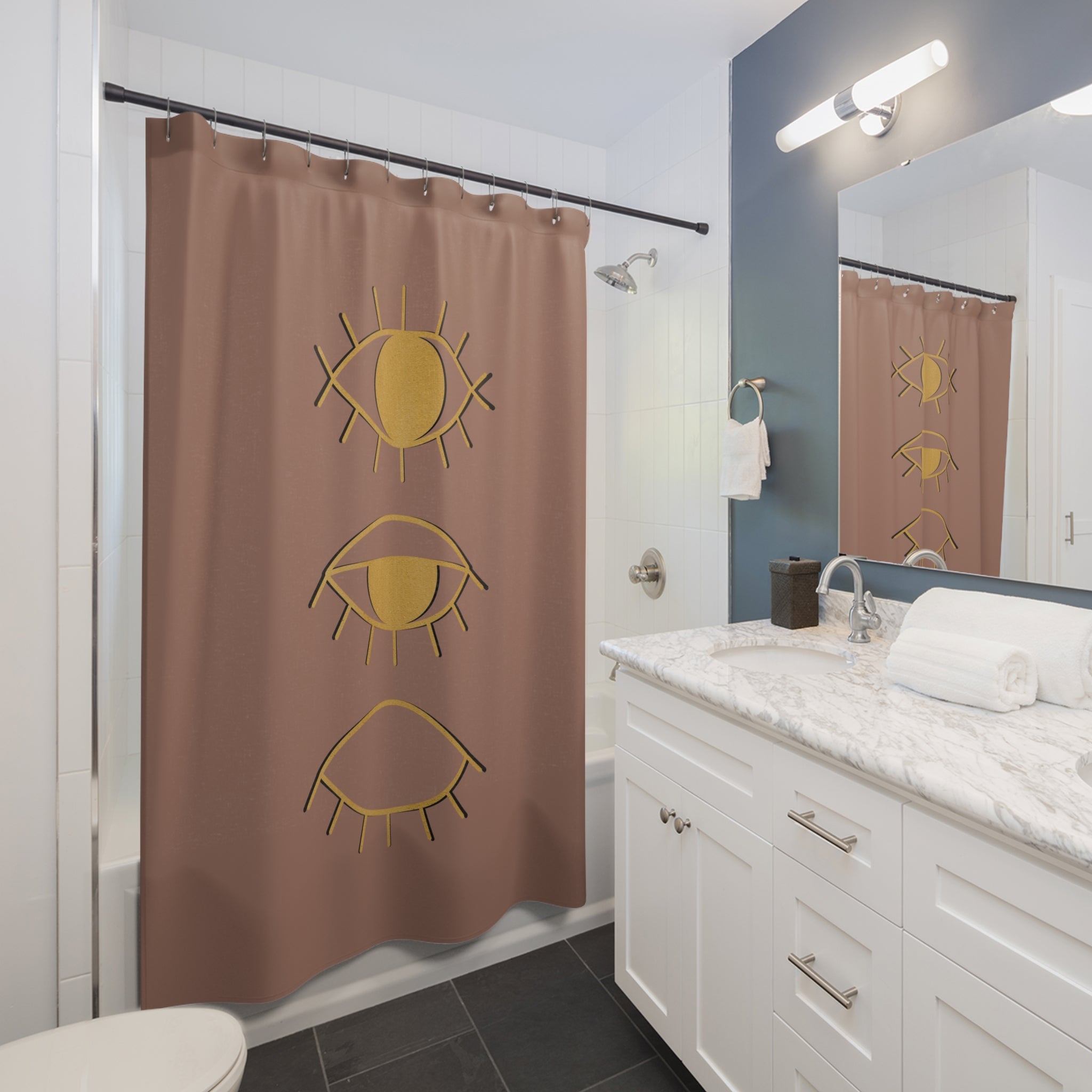 Boho Shower Curtain | Cinnamon Brown, Yellow Evil Eye
