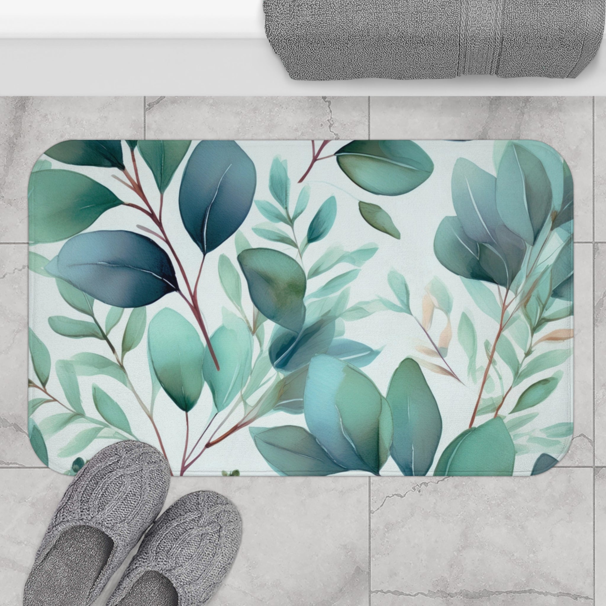 Green Leaves Bath Mat | Teal Blue White Colorful Kitchen Mat