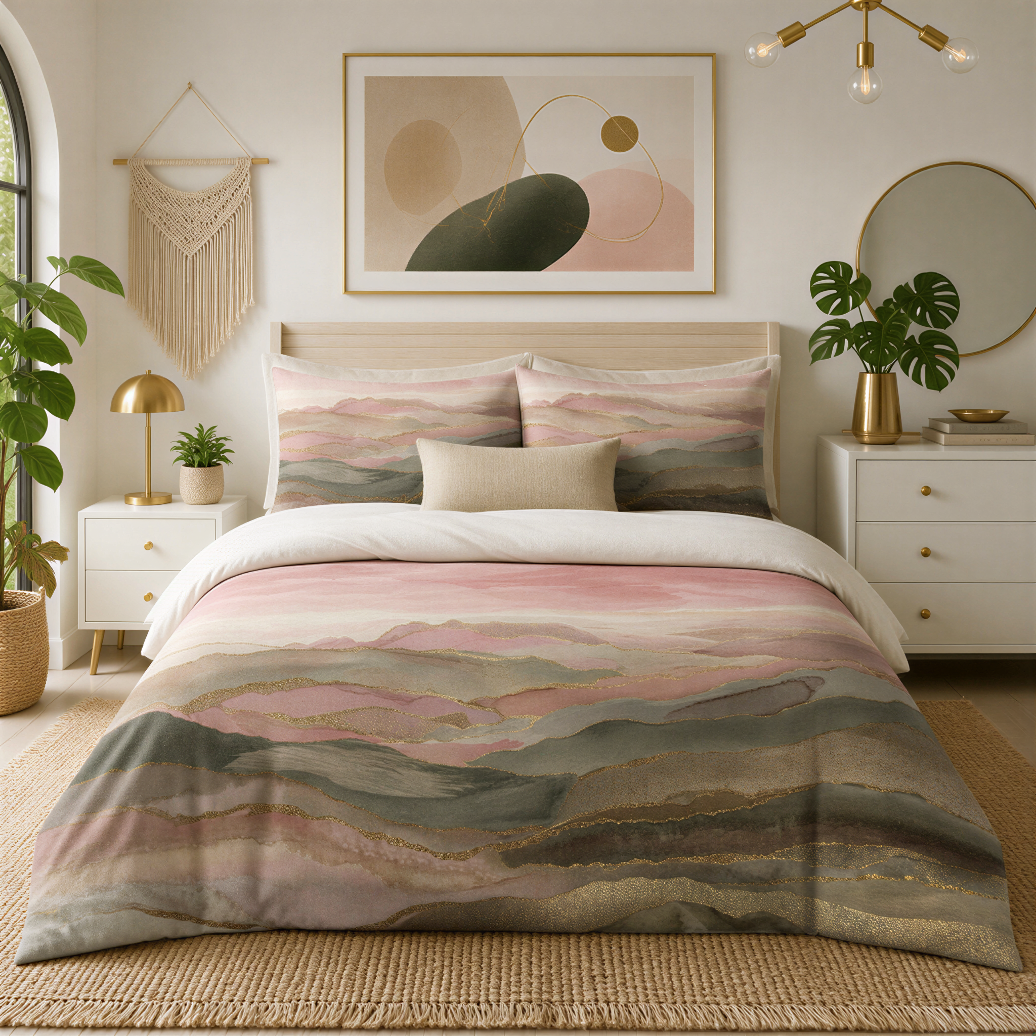 a well-decorated bedroom with a large bed, a framed abstract artwork on the wall, and various decorative elements such as a potted plant, a vase, and a mirror.