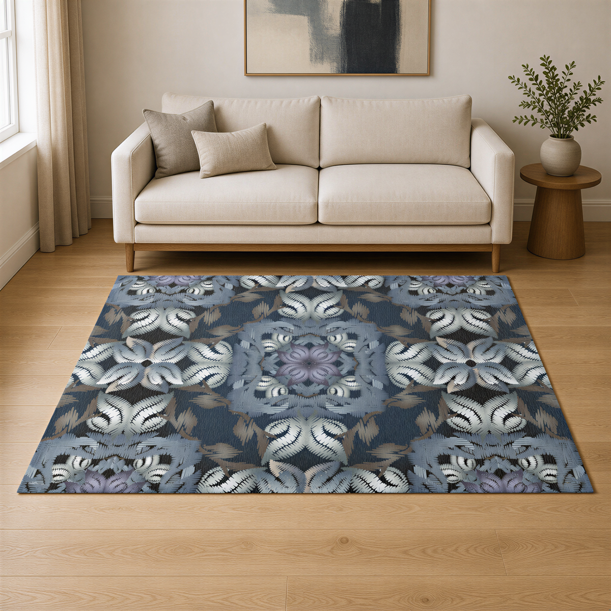 a living room with a beige sofa, a large rug with a floral pattern, and a wooden side table with a plant.